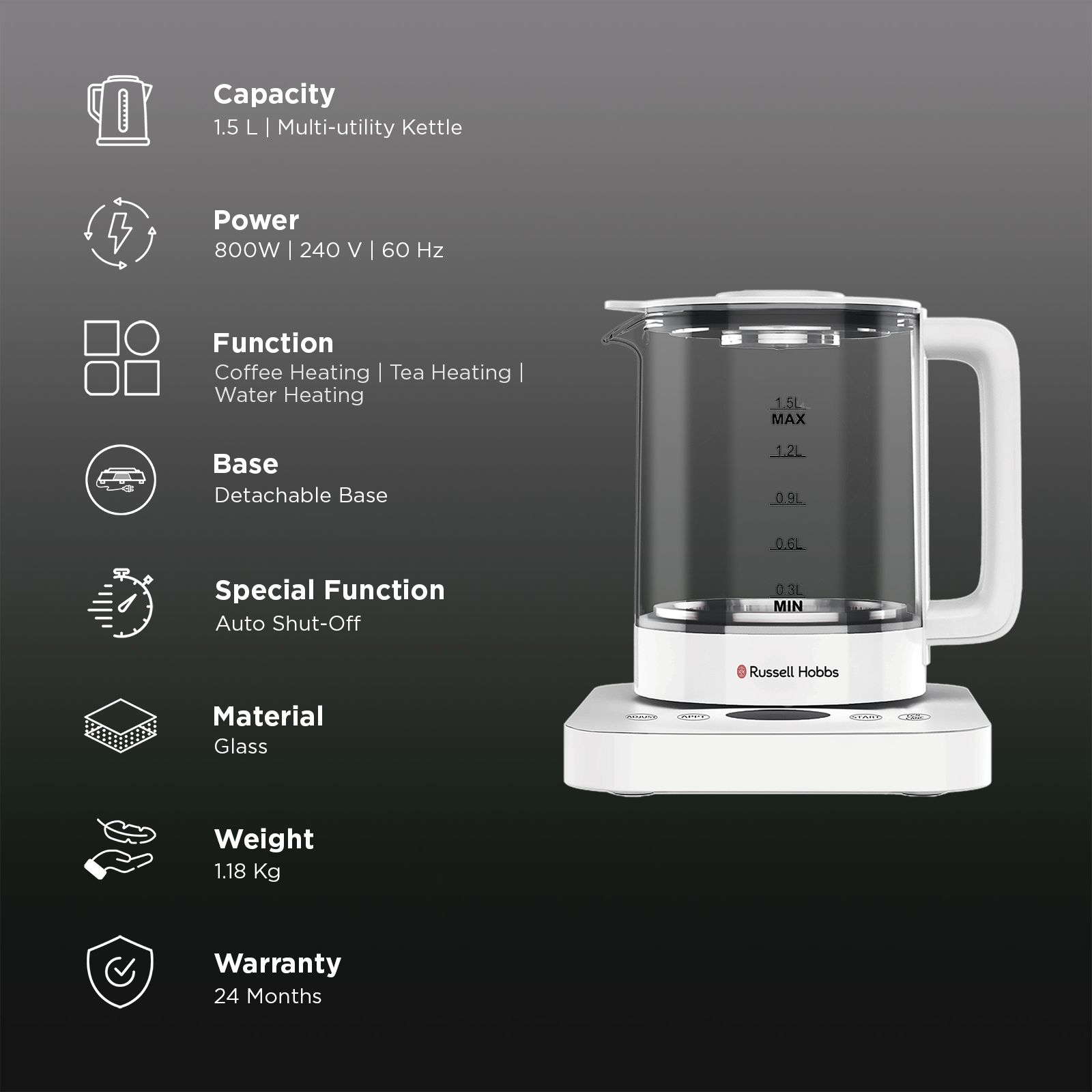 Russell Hobbs AuraLite 800 Watt 1.5 Litre Electric Kettle with Auto Shut Off (White) Russell Hobbs AuraLite 800 Watt 1.5 Litre Electric Kettle with Auto Shut Off (White)_3