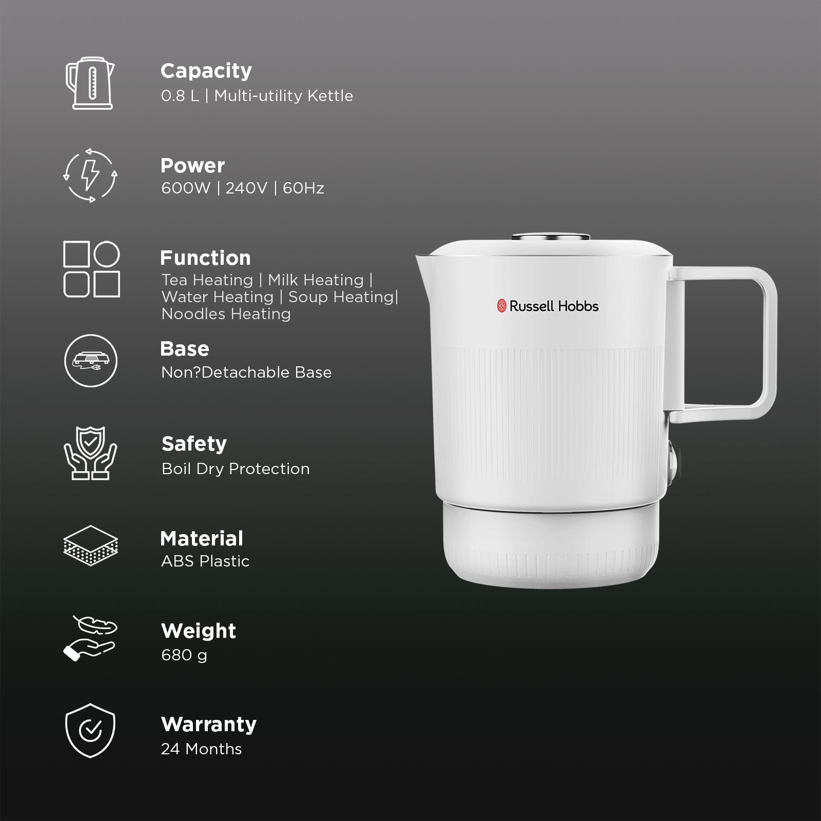 Russell Hobbs TravelMate 600 Watt 0.8 Litre Electric Kettle with Boil Dry Protection (White) Russell Hobbs TravelMate 600 Watt 0.8 Litre Electric Kettle with Boil Dry Protection (White)_3
