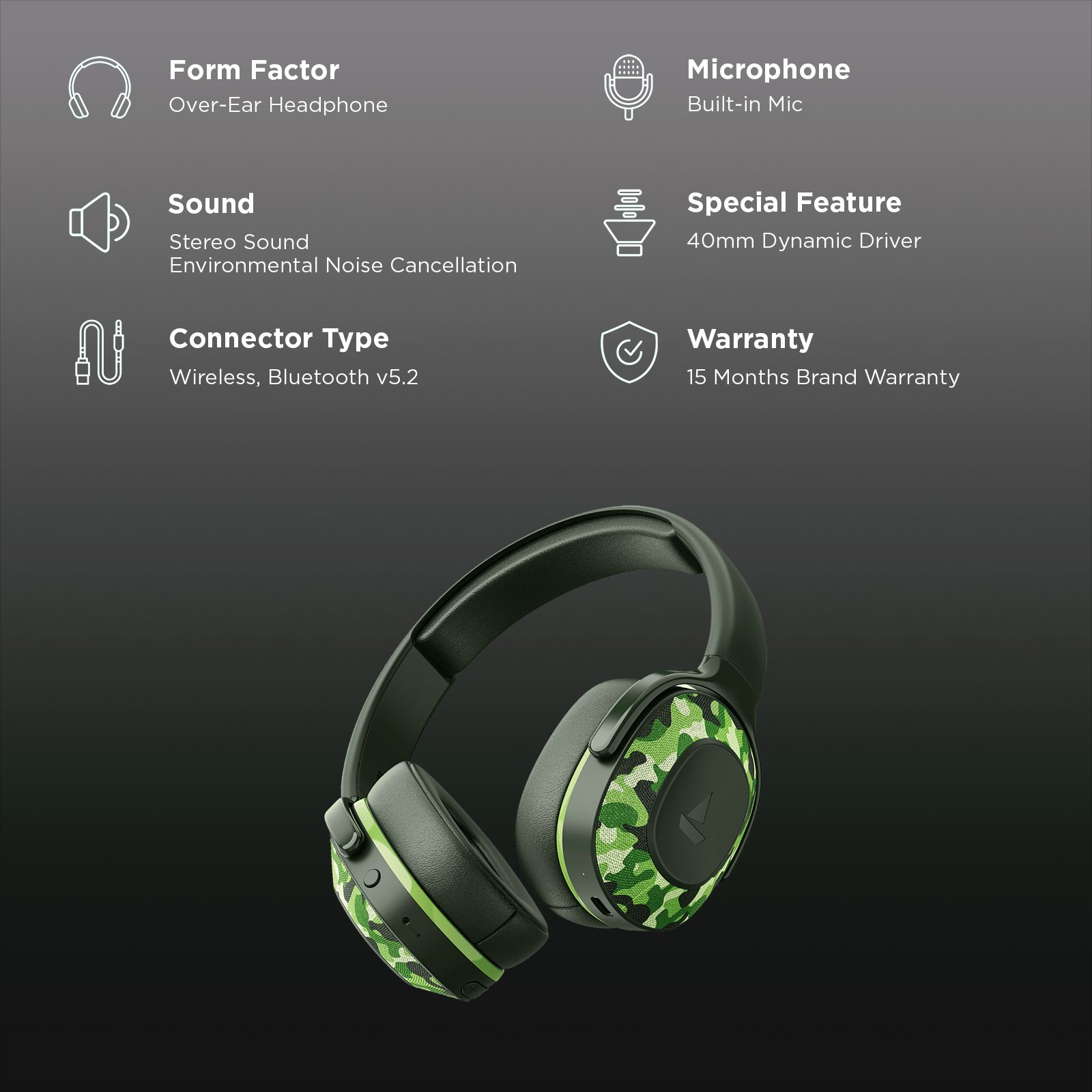 boAt Rockerz 413 Bluetooth Headphone with Mic (60 Hours Playback, Over Ear, Army Green)_2