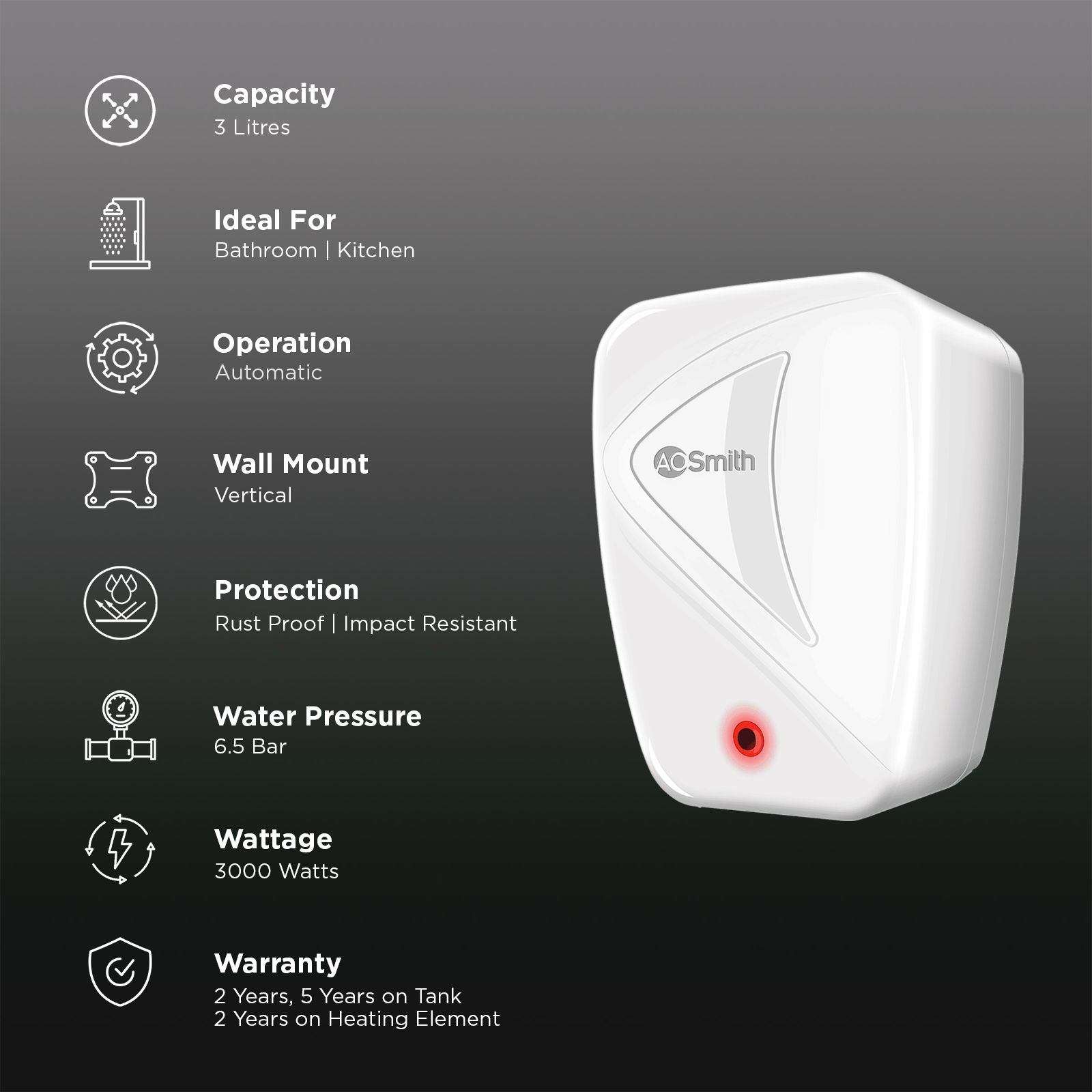 AO Smith InstaPod 3 Litre Vertical Instant Geyser with Stainless Steel Tank (White) AO Smith InstaPod 3 Litre Vertical Instant Geyser with Stainless Steel Tank (White)_3