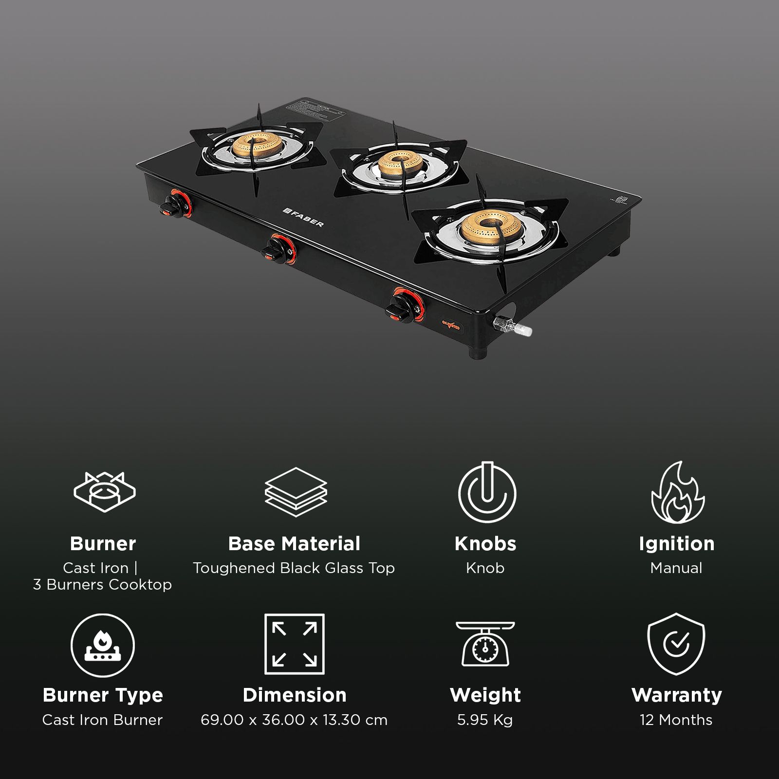 FABER JADE Toughened Glass Top 3 Burner Manual Gas Stove (Powder Coated Pan Support, Black) FABER JADE Toughened Glass Top 3 Burner Manual Gas Stove (Powder Coated Pan Support, Black)_3