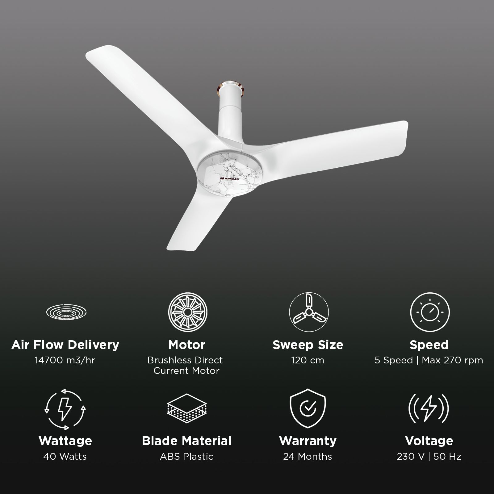 HAVELLS Stealth Prime 5 Star 1200mm 3 Blade BLDC Motor Ceiling Fan with Remote (Dust & Water Resistant, Marble Pearl White) HAVELLS Stealth Prime 5 Star 1200mm 3 Blade BLDC Motor Ceiling Fan with Remote (Dust & Water Resistant, Marble Pearl White)_3