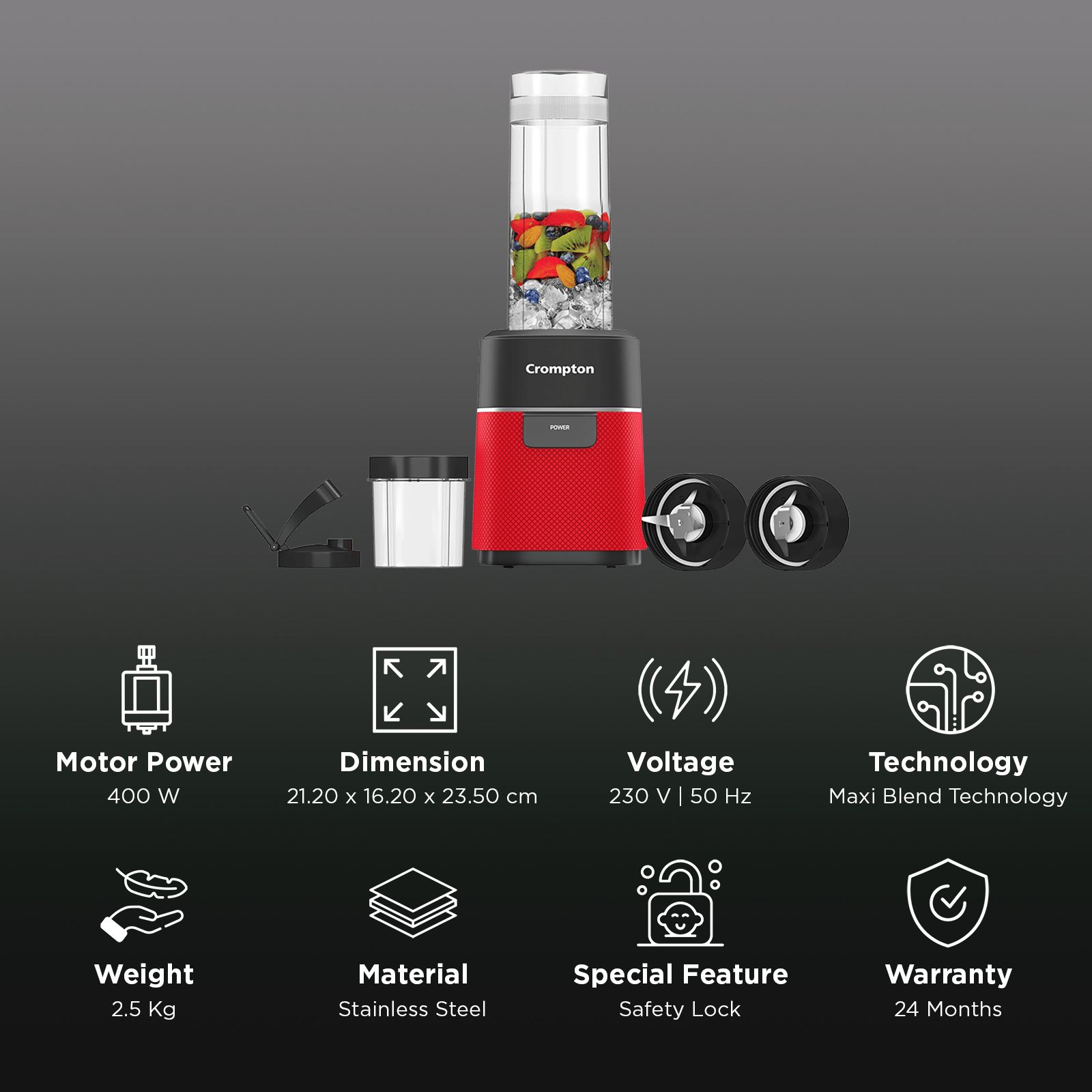 Crompton Ameo Fresh 400 Watt 2 Jars Nutri Blender (Maxi Blend Technology, Black & Red) Crompton Ameo Fresh 400 Watt 2 Jars Nutri Blender (Maxi Blend Technology, Black & Red)_2