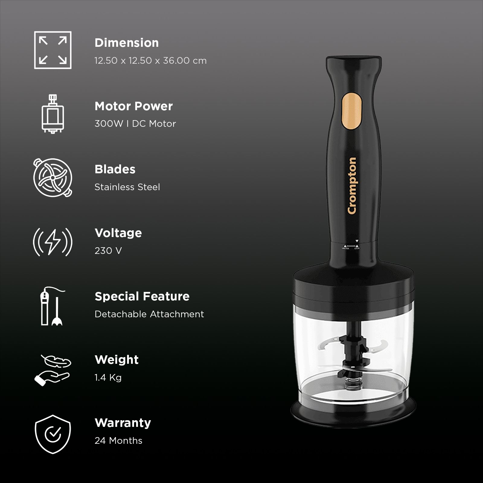 Crompton Ameo Trio 300 Watt Vegetable & Fruit Chopper with 2 Blades (Black & Golden) Crompton Ameo Trio 300 Watt Vegetable & Fruit Chopper with 2 Blades (Black & Golden)_3