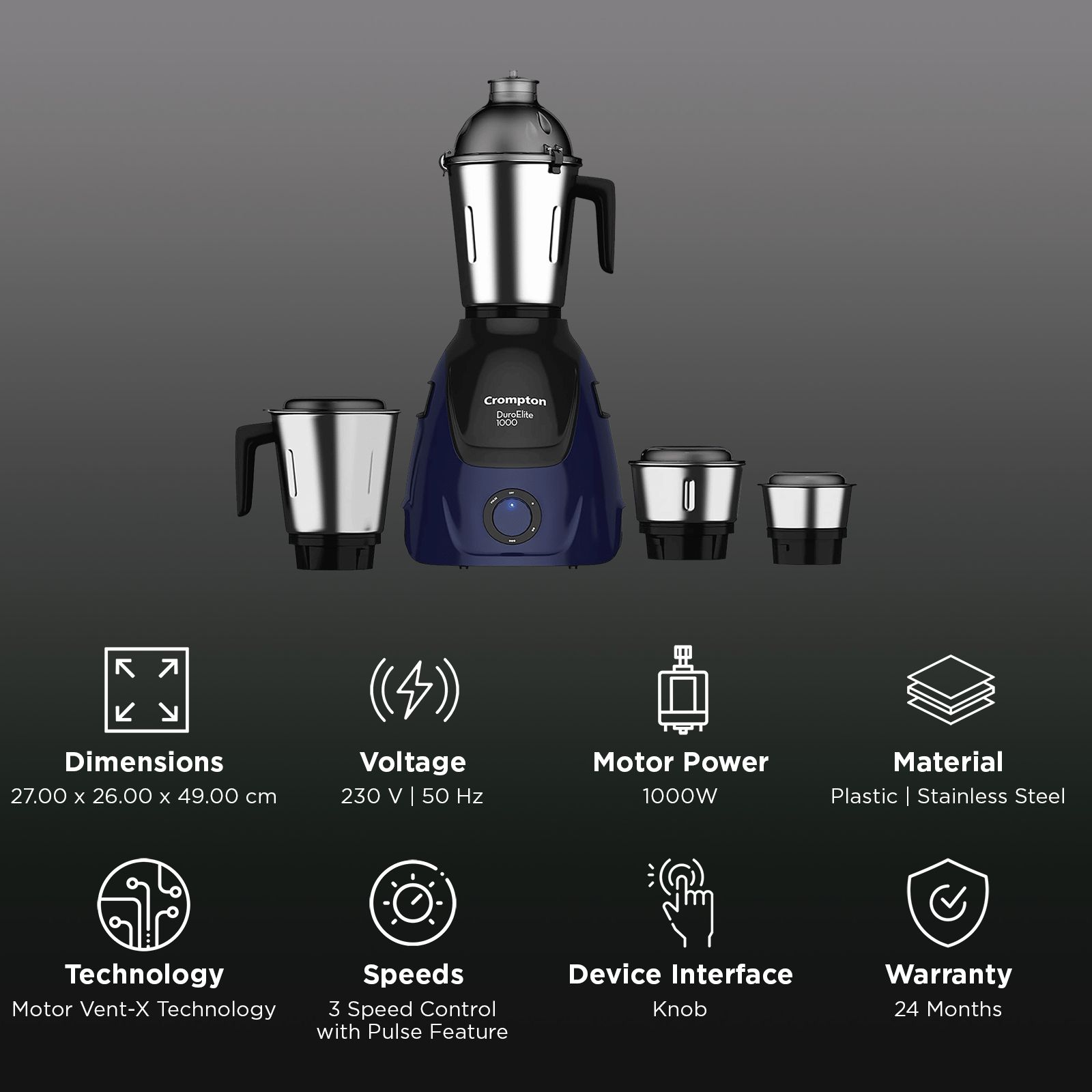Crompton Duro Elite 1000 Watt 4 Jars Mixer Grinder (Motor Vent X Technology, Black & Blue)_2