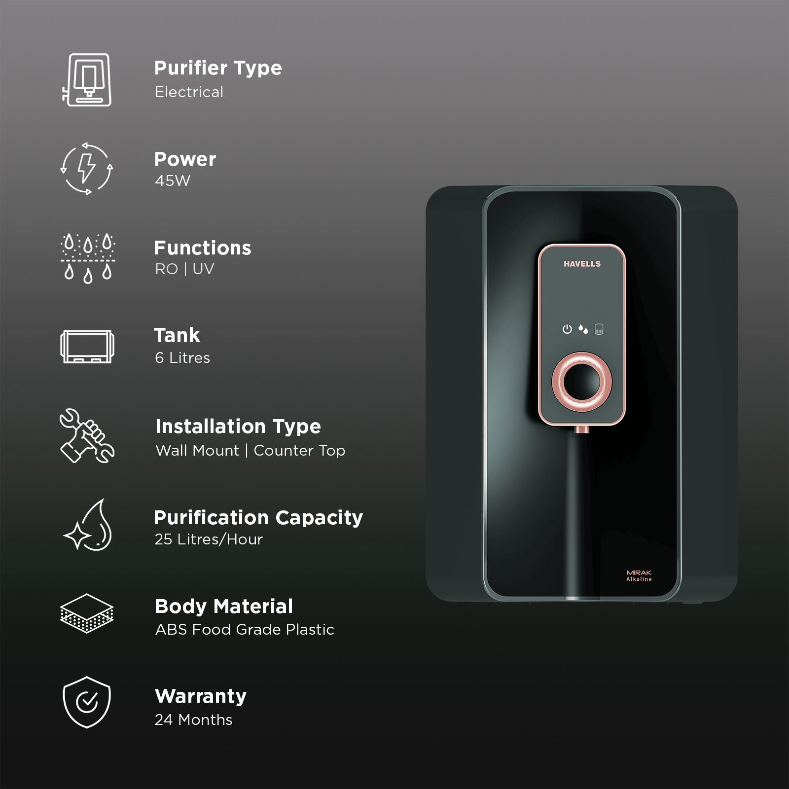HAVELLS Mirak 6L RO + UV + Alkaline Water Purifier with Smart Alerts (Black) HAVELLS Mirak 6L RO + UV + Alkaline Water Purifier with Smart Alerts (Black)_3