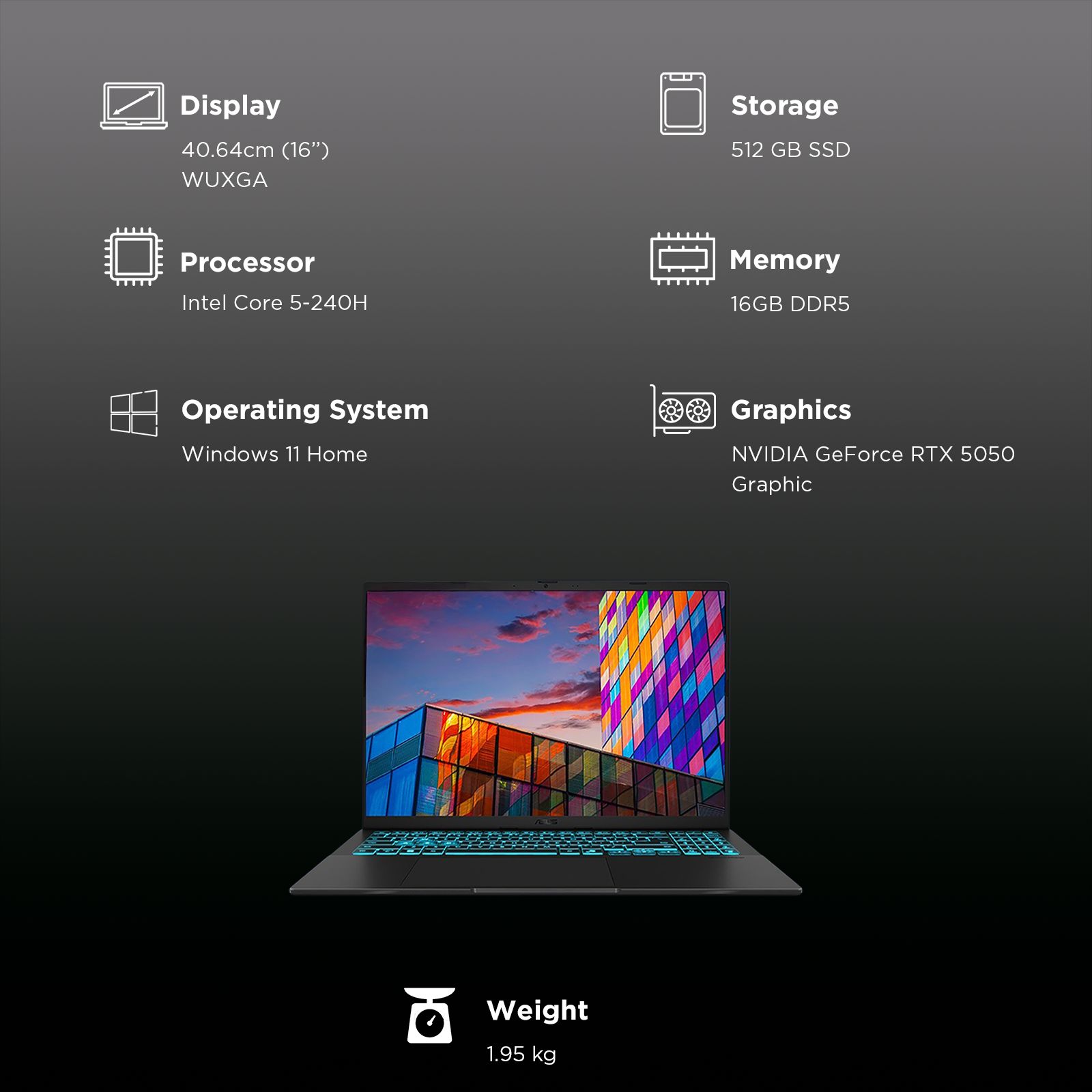 ASUS V16 V3607VH-RP038WS Intel Core 7 Gaming Laptop (16GB, 512GB SSD, Windows 11 Home, 8GB Graphics, 16 inch 144 Hz WUXGA Display, NVIDIA GeForce RTX 5050, MS Office Home 2024, Black, 1.95 KG)_3