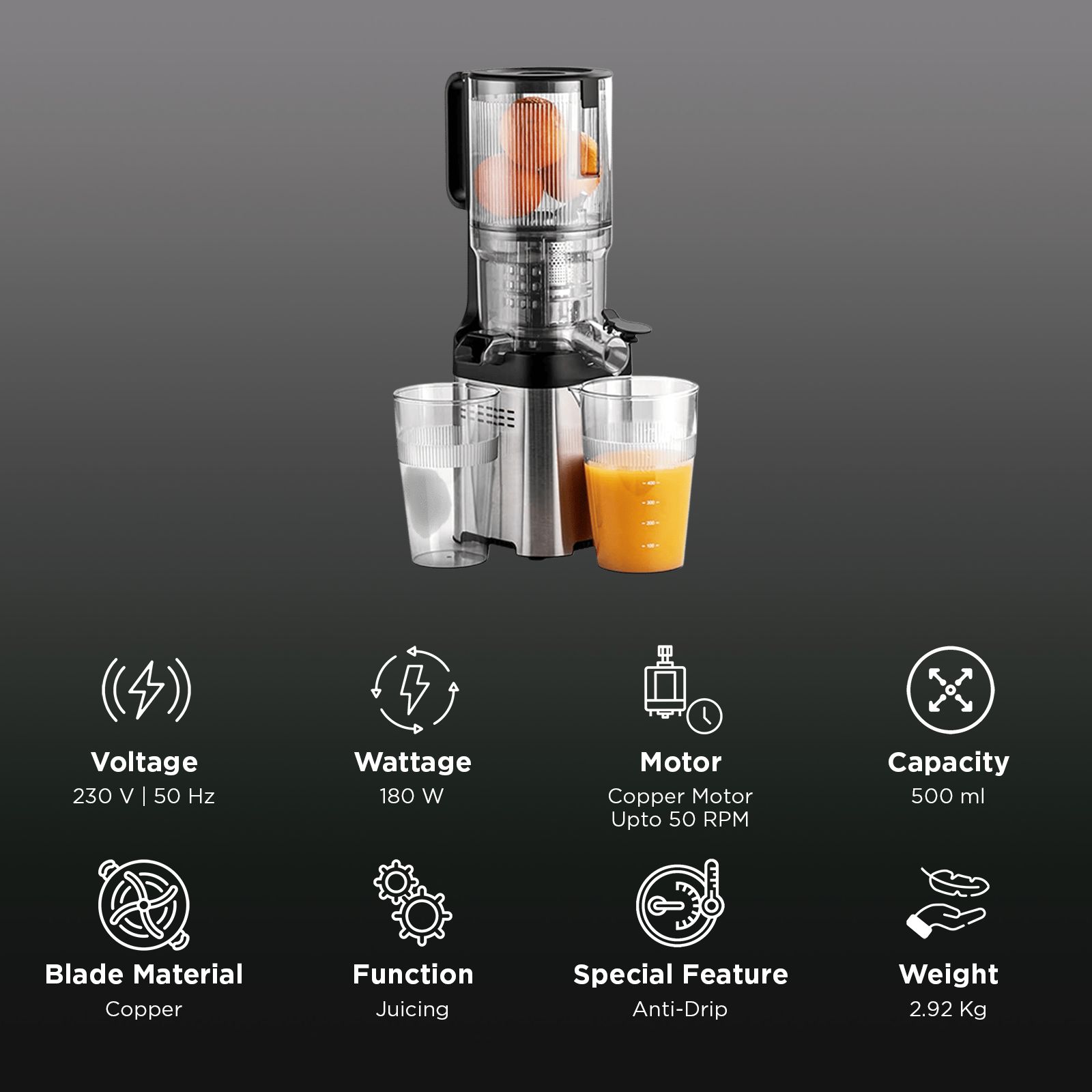 Russell Hobbs Vitality 180 Watt 2 Jars Cold Press Slow Juicer (50 RPM, Reverse Function, Black)_2