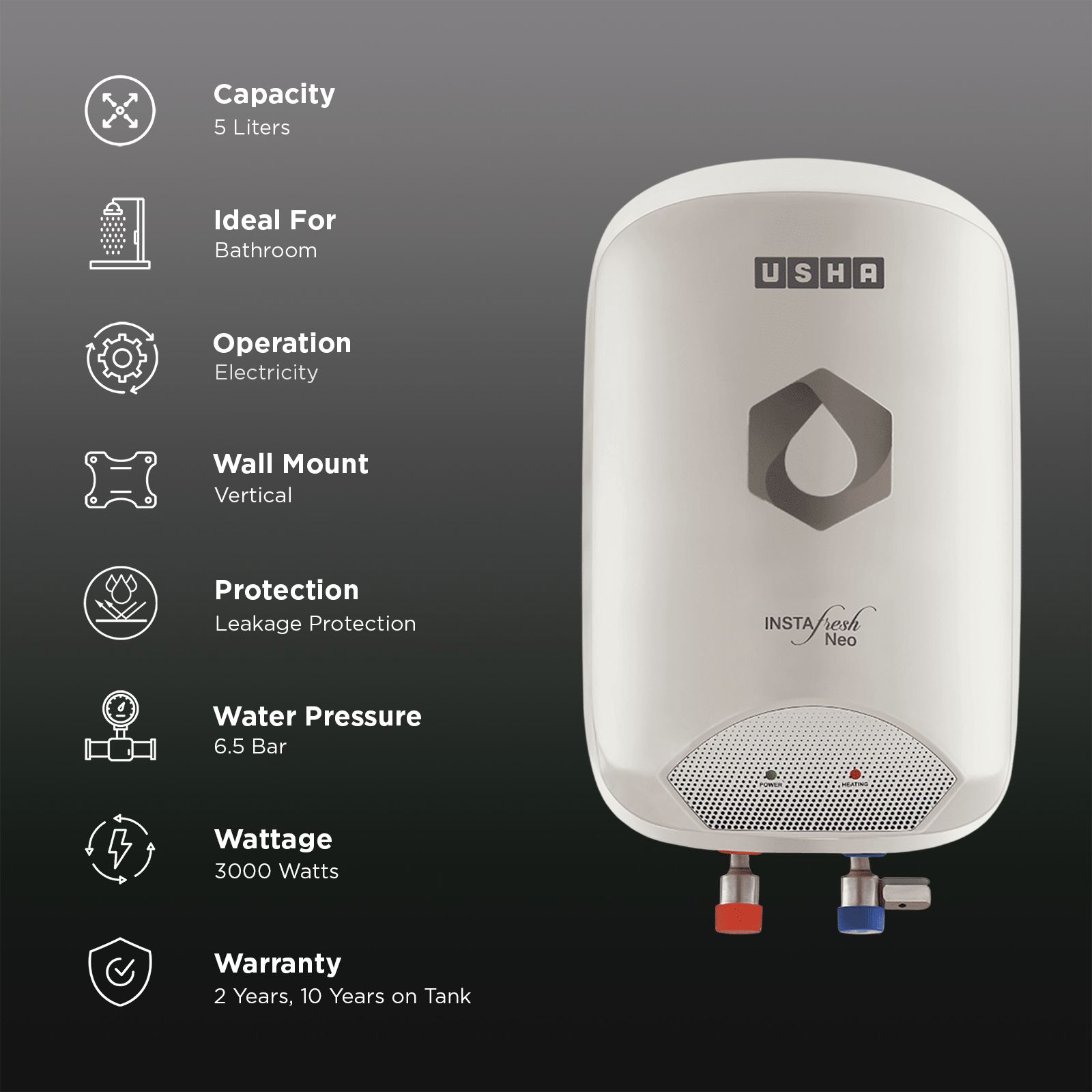 USHA Instafresh Neo 5 Litre Vertical Instant Geyser with Whirl Flow Technology (White)_3