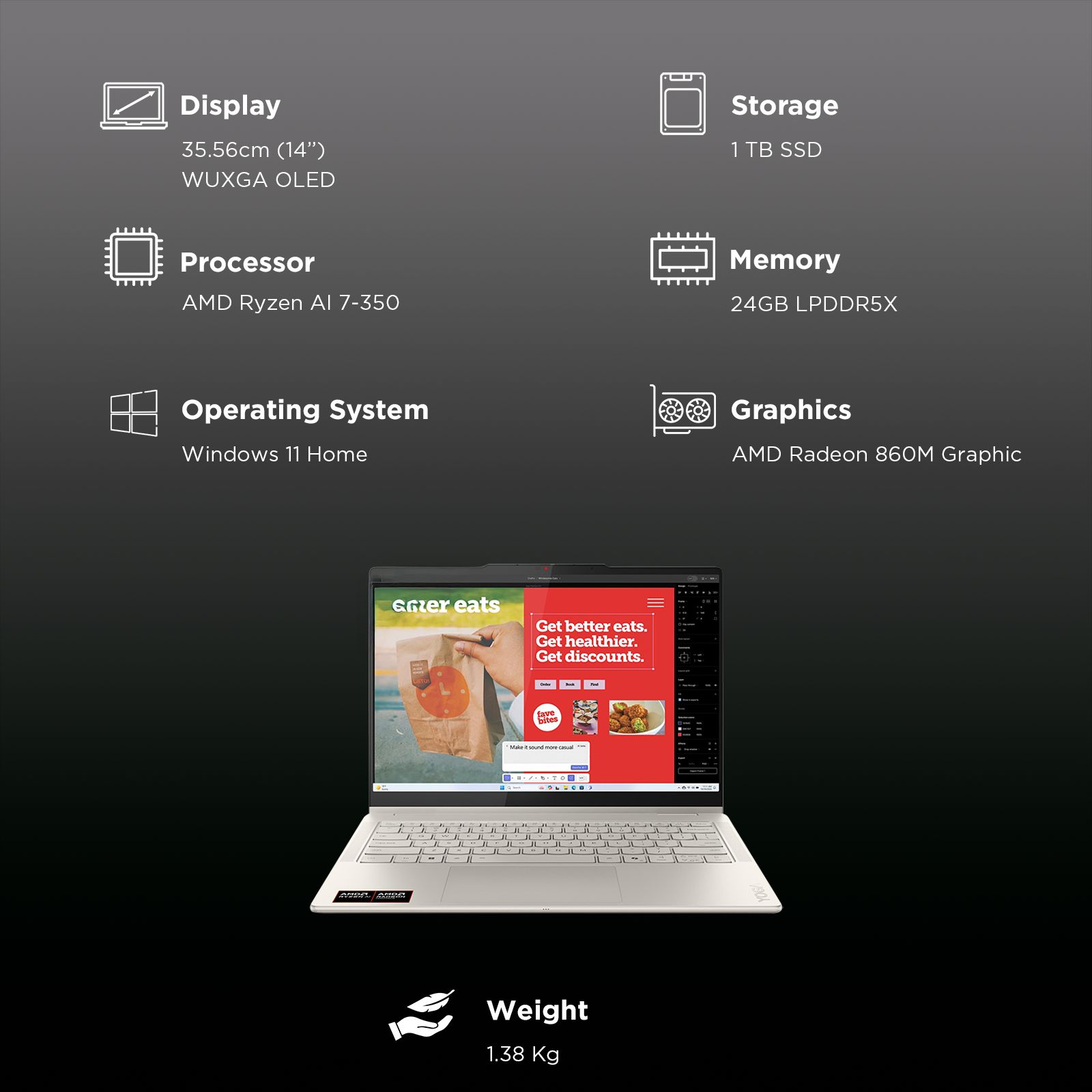 Lenovo Yoga 7 14AKP10 AMD Ryzen AI 7 Touchscreen 2-in-1 Laptop (24GB, 1TB SSD, Windows 11 Home, WUXGA OLED Display, MS Office Home 2024, Seashell, 1.38 KG) Lenovo Yoga 7 14AKP10 AMD Ryzen AI 7 Touchscreen 2-in-1 Laptop (24GB, 1TB SSD, Windows 11 Home, WUXGA OLED Display, MS Office Home 2024, Seashell, 1.38 KG)_3