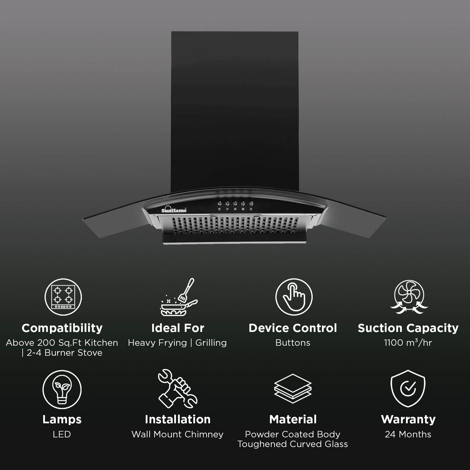 Sunflame Naples 60cm 1100m3/hr Ducted Wall Mounted Chimney with 3-Speed Exhaust Fan (Black) Sunflame Naples 60cm 1100m3/hr Ducted Wall Mounted Chimney with 3-Speed Exhaust Fan (Black)_3