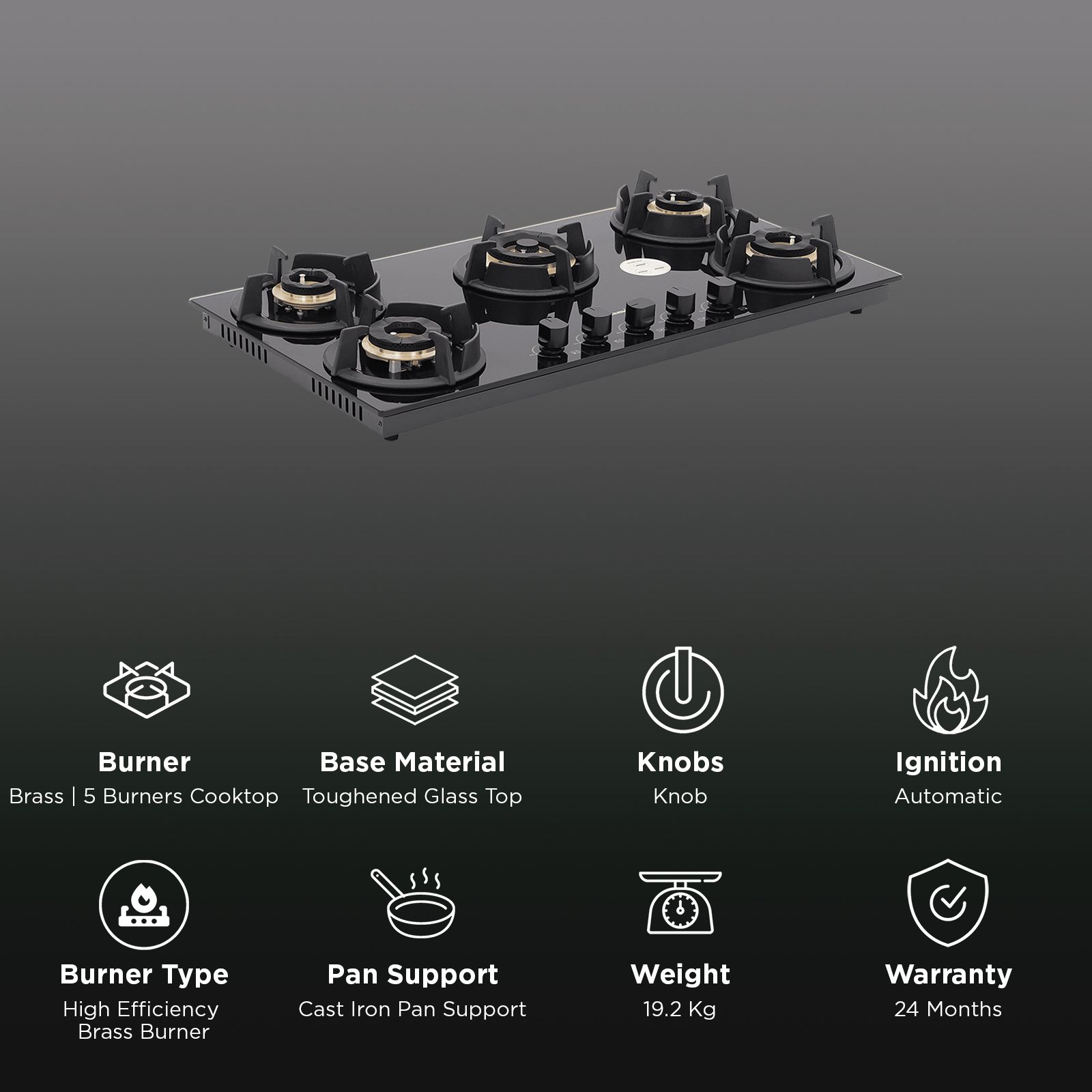 Sunflame SHA 586 UBR Toughened Glass Top 5 Burner Automatic Hob (Cast Iron Pan Supports, Black) Sunflame SHA 586 UBR Toughened Glass Top 5 Burner Automatic Hob (Cast Iron Pan Supports, Black)_3