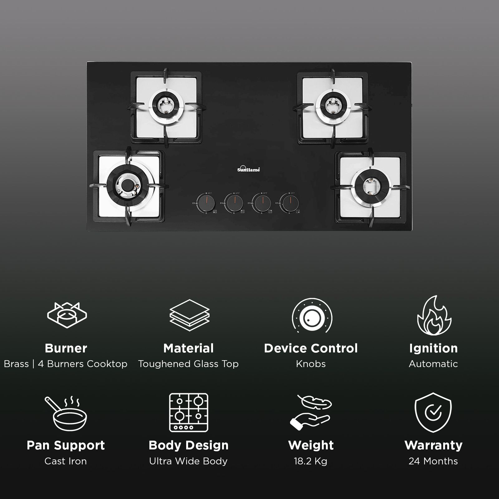 Sunflame SHA 486 PHS Toughened Glass Top 4 Burner Automatic Hob (Flame Failure Device, Black) Sunflame SHA 486 PHS Toughened Glass Top 4 Burner Automatic Hob (Flame Failure Device, Black)_3