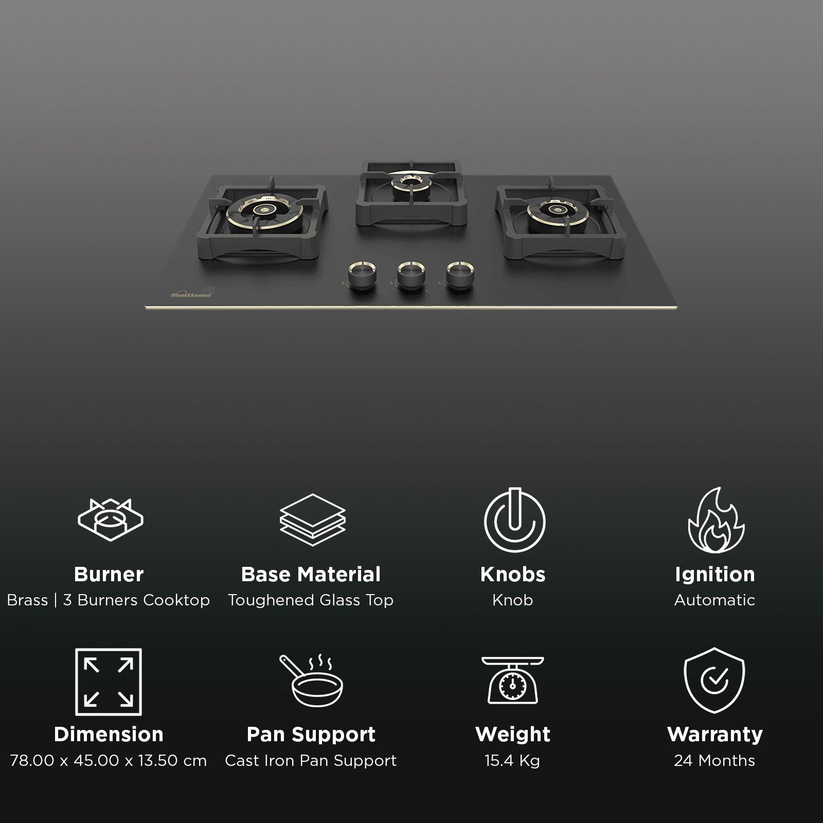 Sunflame SHA 378 SBS Toughened Glass Top 3 Burner Automatic Hob (Flame Failure Device, Black) Sunflame SHA 378 SBS Toughened Glass Top 3 Burner Automatic Hob (Flame Failure Device, Black)_3