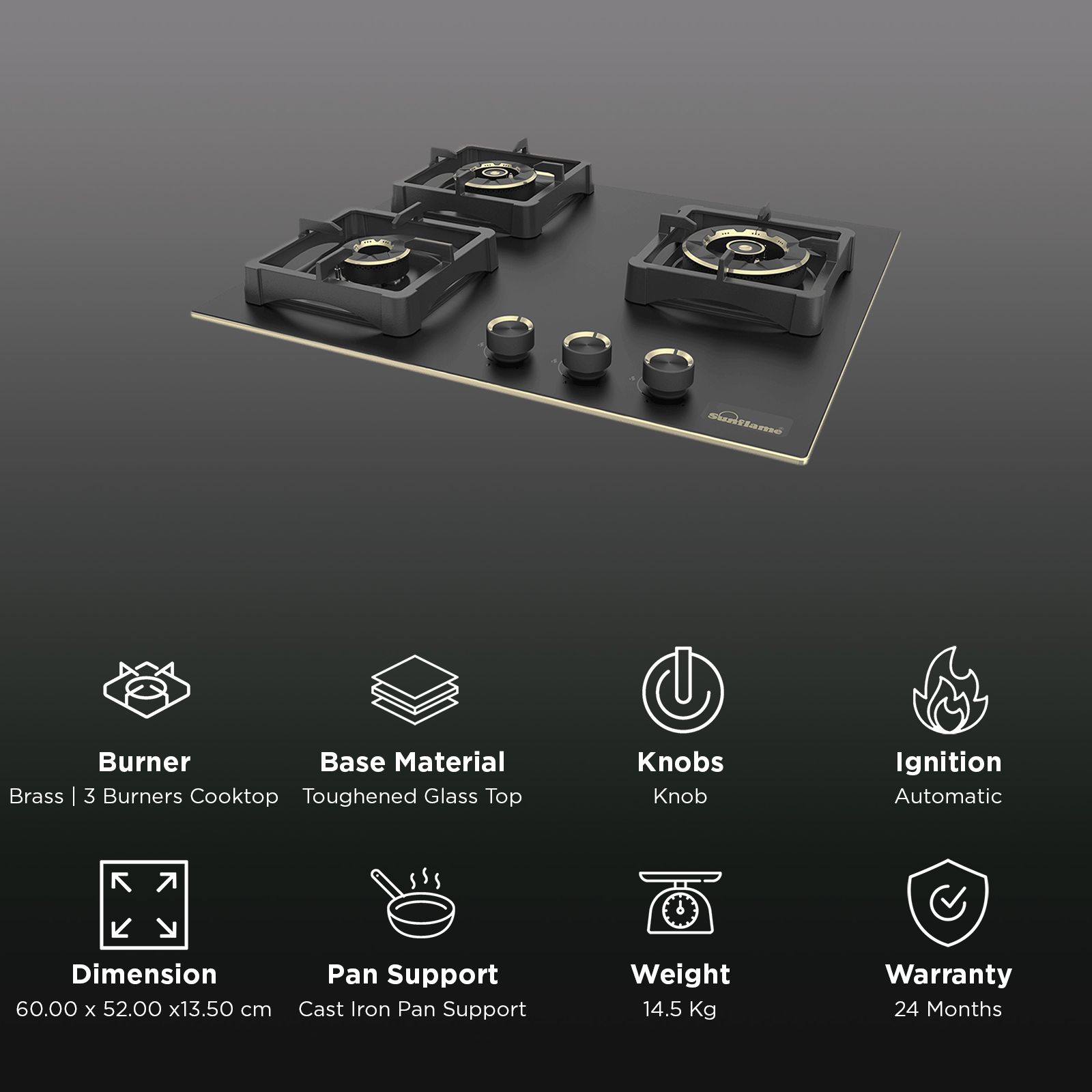 Sunflame SHA 360 SBS Toughened Glass Top 3 Burner Automatic Hob (Flame Failure Device, Black) Sunflame SHA 360 SBS Toughened Glass Top 3 Burner Automatic Hob (Flame Failure Device, Black)_3