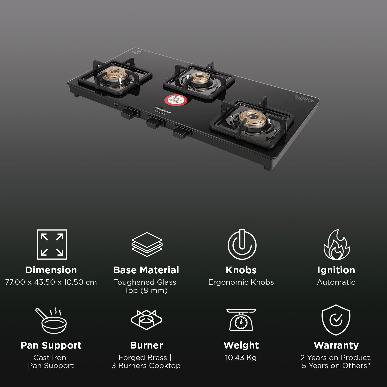 Sunflame SOLITAIRE Toughened Glass Top 3 Burner Automatic Gas Stove (ISI Certified, Black)_3