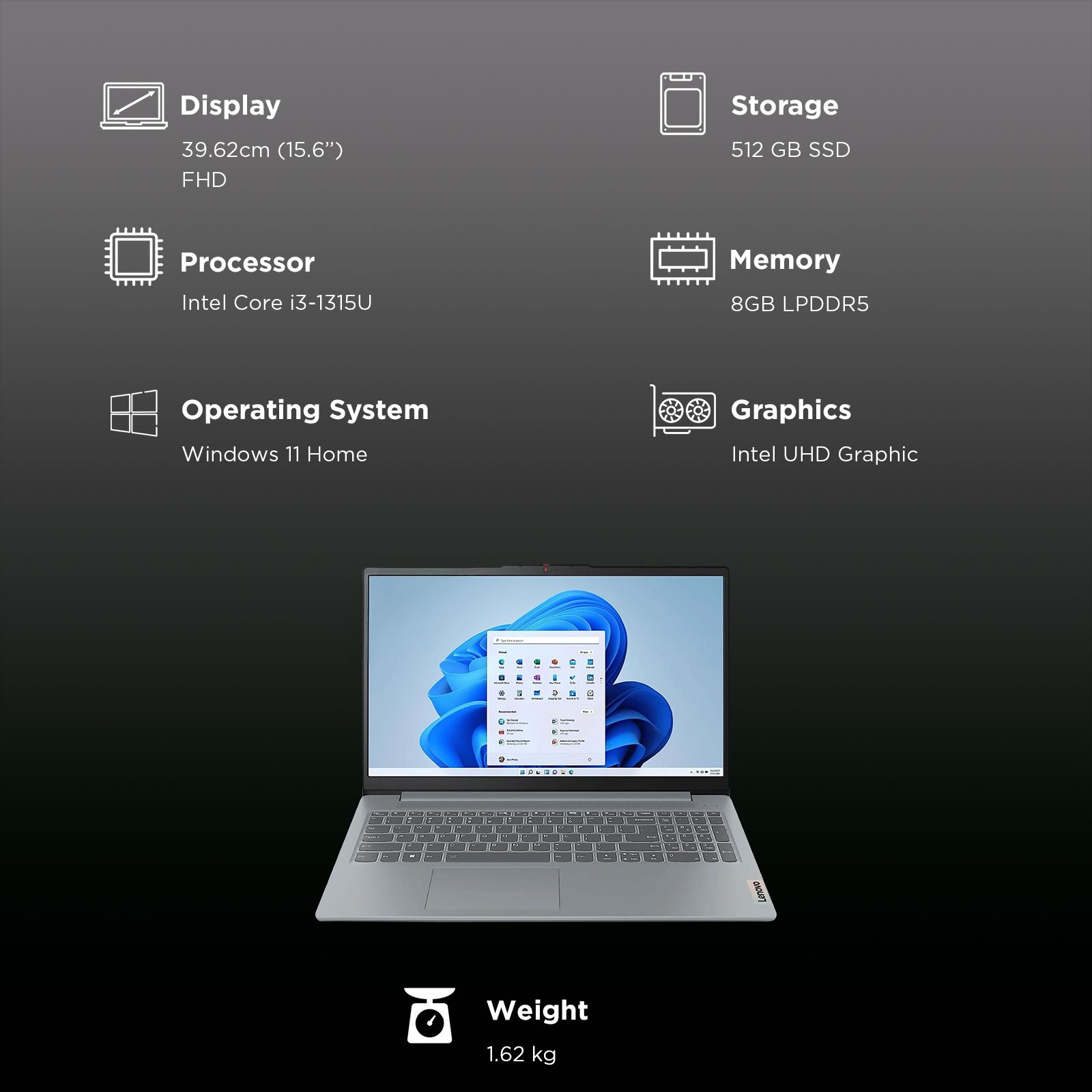 Lenovo IdeaPad Slim 3 15IRU8 Intel Core i3 13th Gen Thin & Light Laptop (8GB, 512GB SSD, Windows 11 Home, 15.6 inch Full HD Display, MS Office Home 2024, Arctic Grey, 1.62 KG)_3