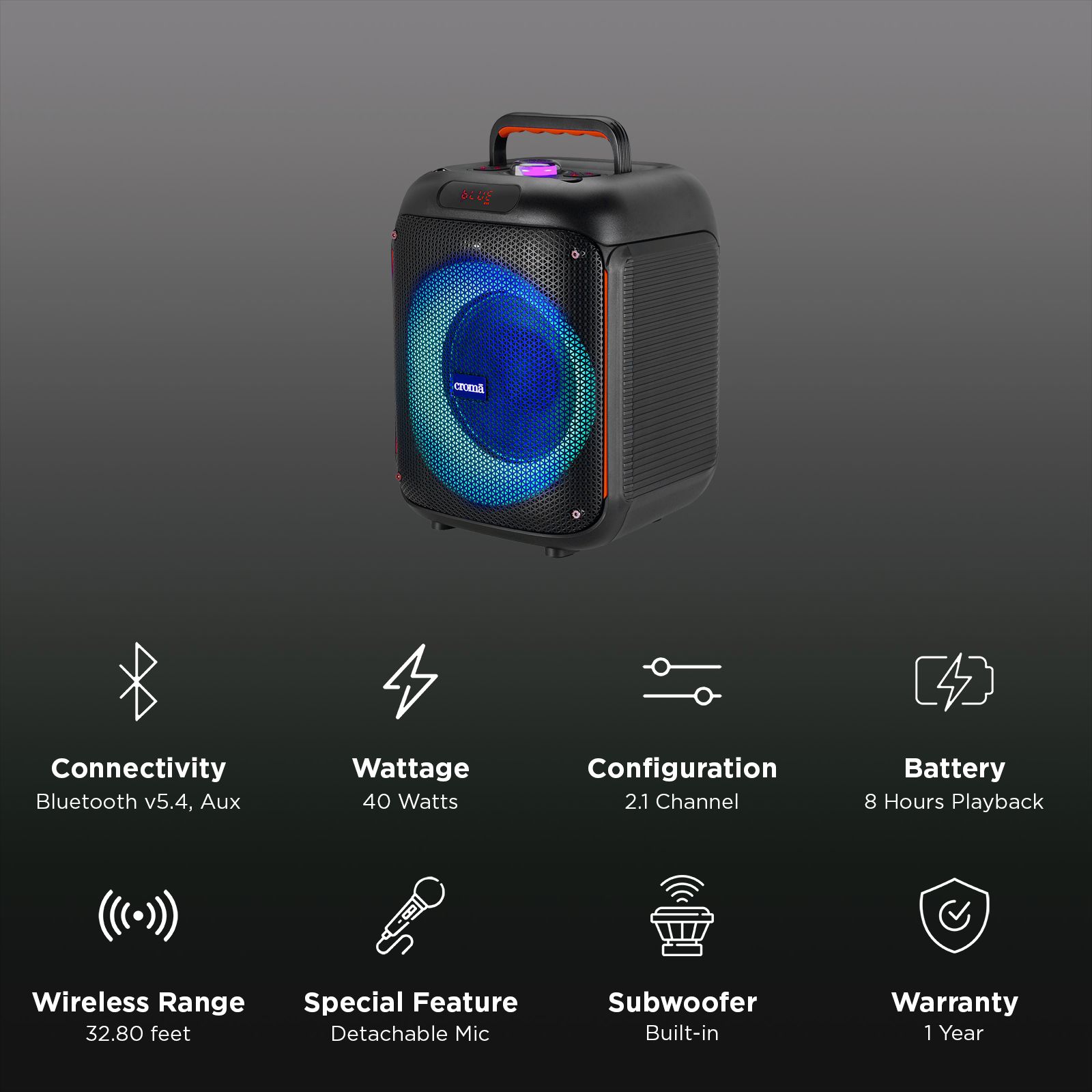 Croma 40W Bluetooth Party Speaker with Mic (RGB LED Lights, 2.1 Channel, Black)_2