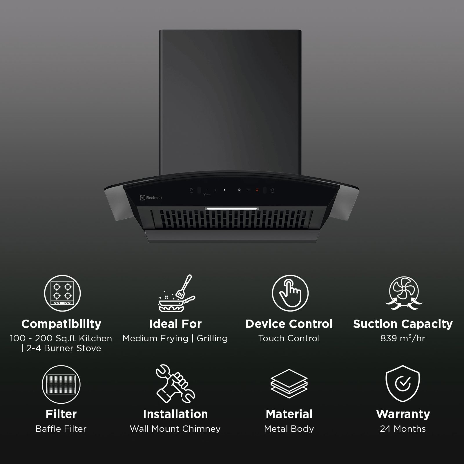 Electrolux 700 Series 60cm 839m3/hr Ducted Auto Clean Wall Mounted Chimney with Gesture Control (Black) Electrolux 700 Series 60cm 839m3/hr Ducted Auto Clean Wall Mounted Chimney with Gesture Control (Black)_3