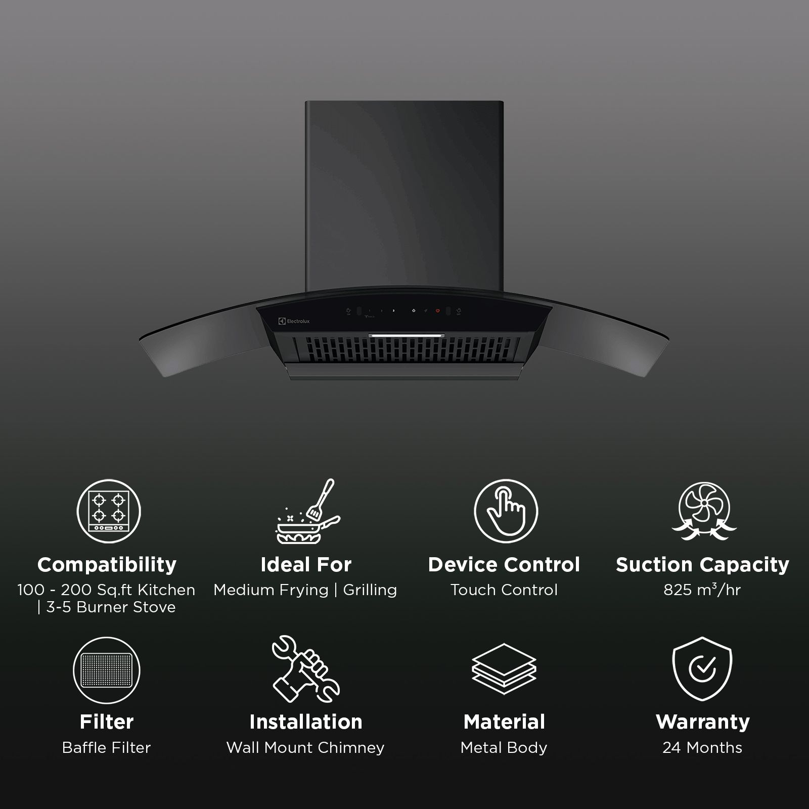 Electrolux 700 Series 90cm 825m3/hr Ducted Auto Clean Wall Mounted Chimney with Gesture Control (Black) Electrolux 700 Series 90cm 825m3/hr Ducted Auto Clean Wall Mounted Chimney with Gesture Control (Black)_3