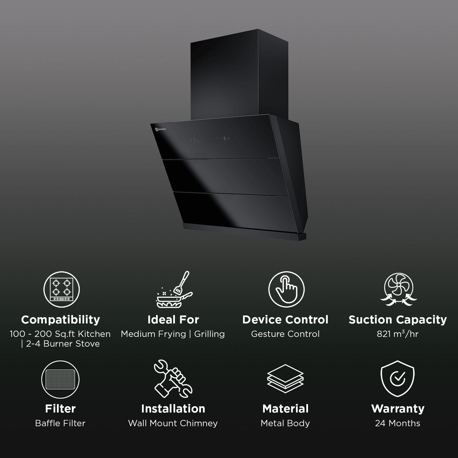 Electrolux 700 Series 60cm 821m3/hr Ducted Auto Clean Wall Mounted Chimney with Gesture Control (Black) Electrolux 700 Series 60cm 821m3/hr Ducted Auto Clean Wall Mounted Chimney with Gesture Control (Black)_3