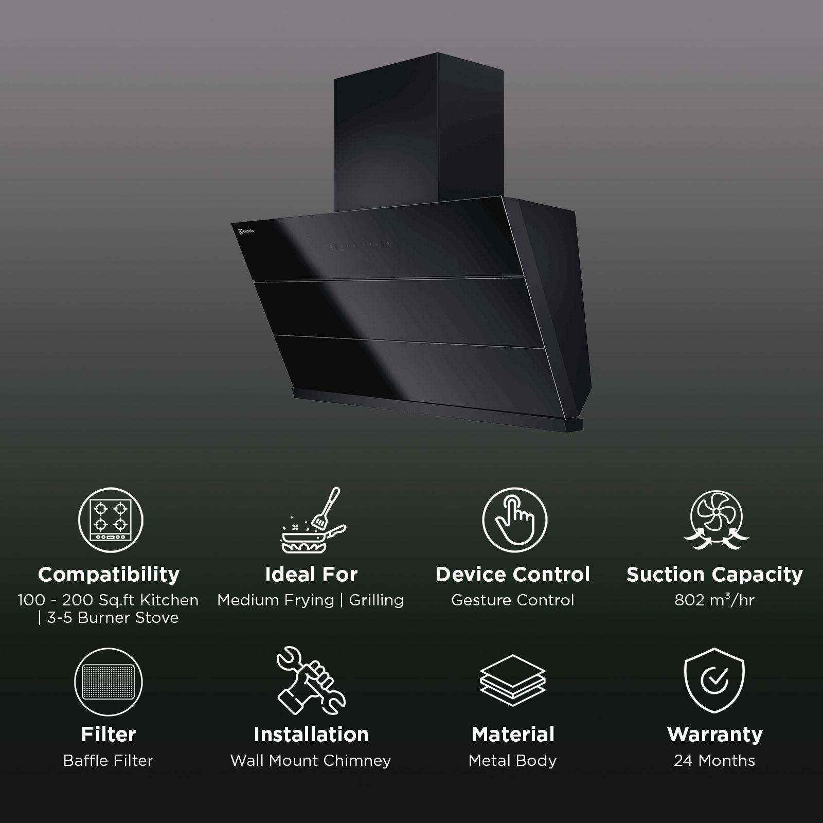 Electrolux 700 Series 90cm 802m3/hr Ducted Auto Clean Wall Mounted Chimney with Gesture Control (Black) Electrolux 700 Series 90cm 802m3/hr Ducted Auto Clean Wall Mounted Chimney with Gesture Control (Black)_3