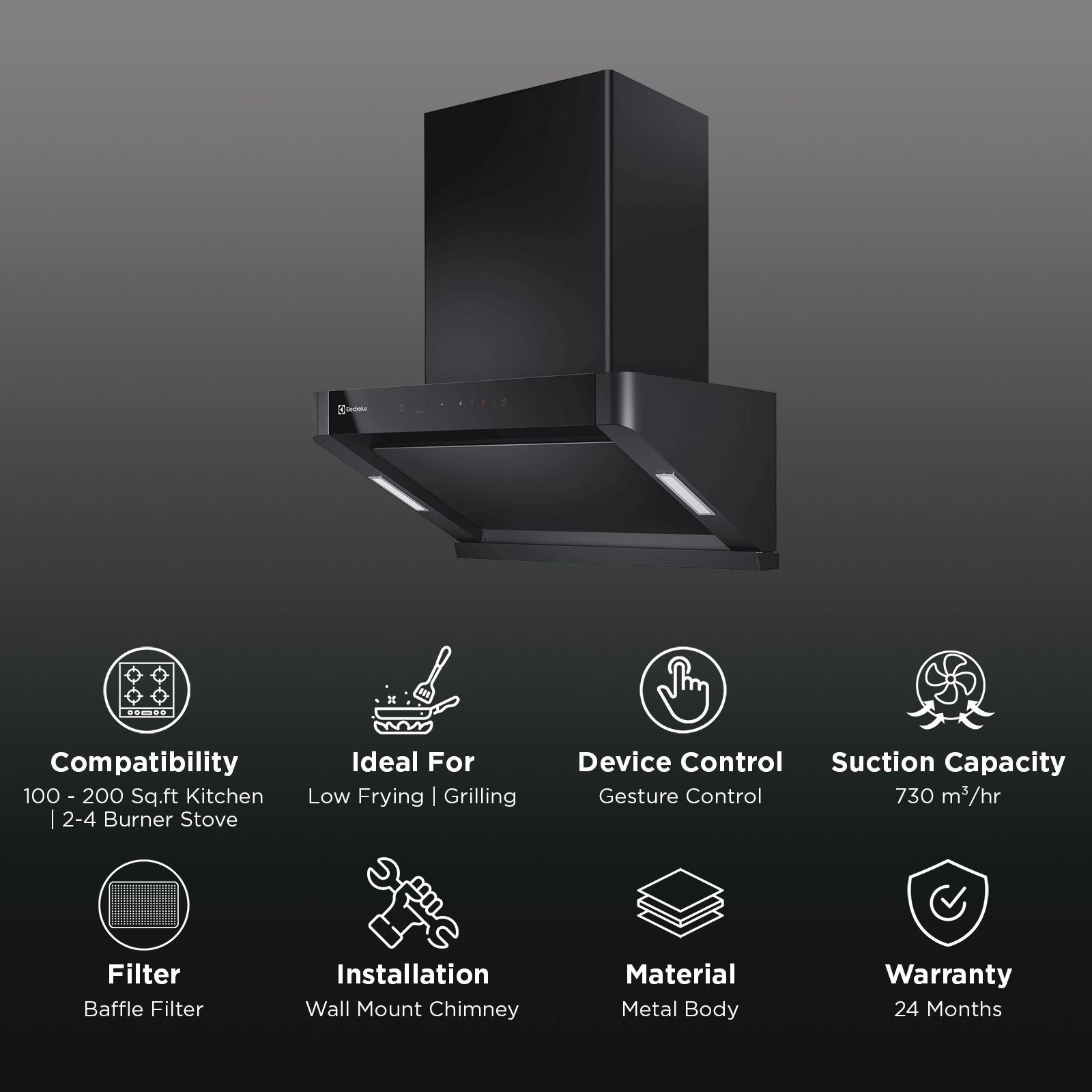 Electrolux 700 Series 60cm 730m3/hr Ducted Auto Clean Wall Mounted Chimney with Gesture Control (Black) Electrolux 700 Series 60cm 730m3/hr Ducted Auto Clean Wall Mounted Chimney with Gesture Control (Black)_3
