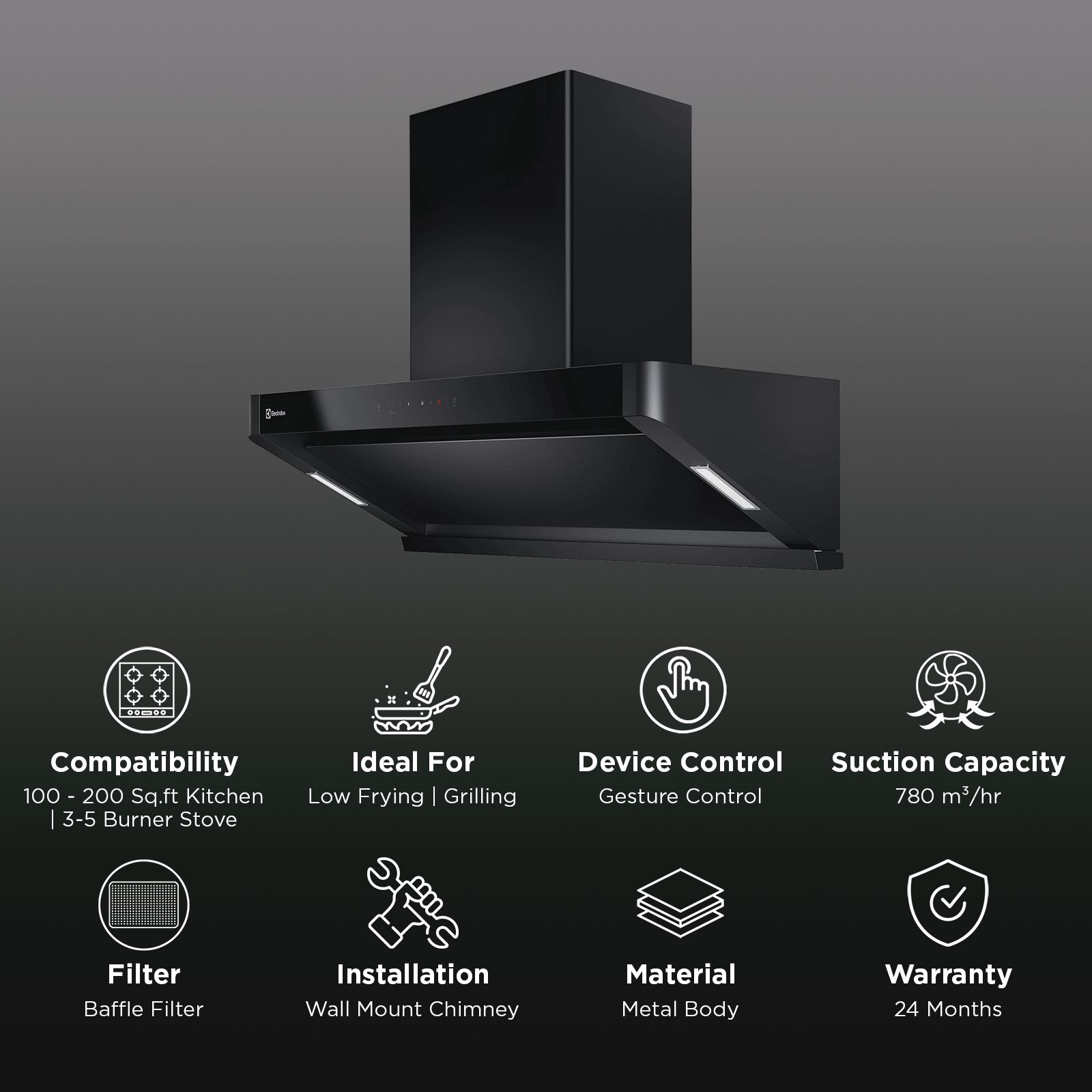 Electrolux 700 Series 90cm 780m3/hr Ducted Auto Clean Wall Mounted Chimney with Gesture Control (Black) Electrolux 700 Series 90cm 780m3/hr Ducted Auto Clean Wall Mounted Chimney with Gesture Control (Black)_3