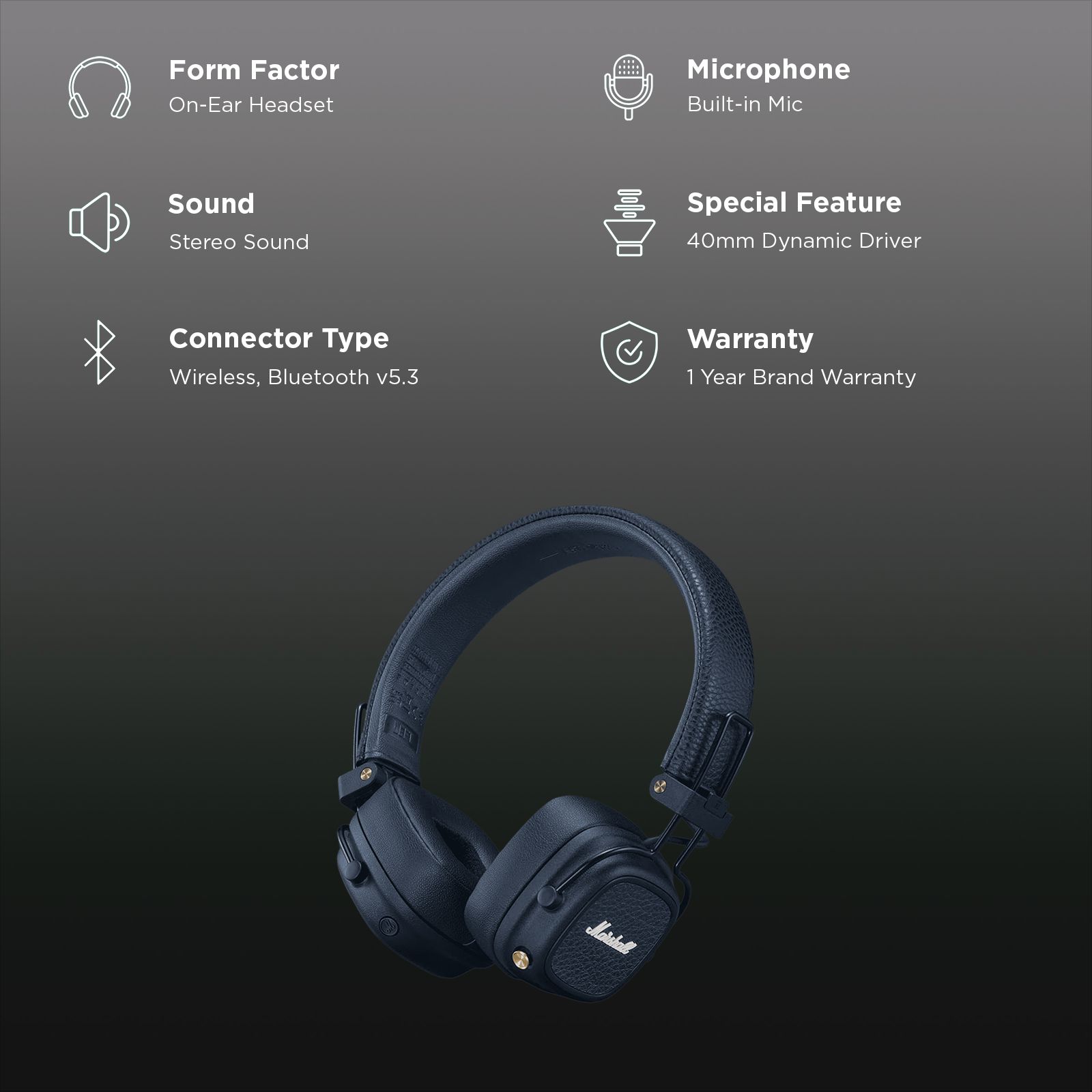Marshall Major V Bluetooth Headphone with Mic (100 Hours Playtime, On Ear, Midnight Blue) Marshall Major V Bluetooth Headphone with Mic (100 Hours Playtime, On Ear, Midnight Blue)_2