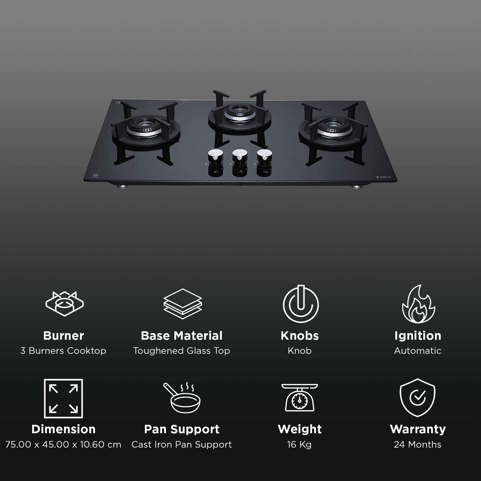 elica RG FLEXI HCT 375 DX LOTUS BK Toughened Glass Top 3 Burner Automatic Hob (Cast Iron Pan Support, Black Glass)_3