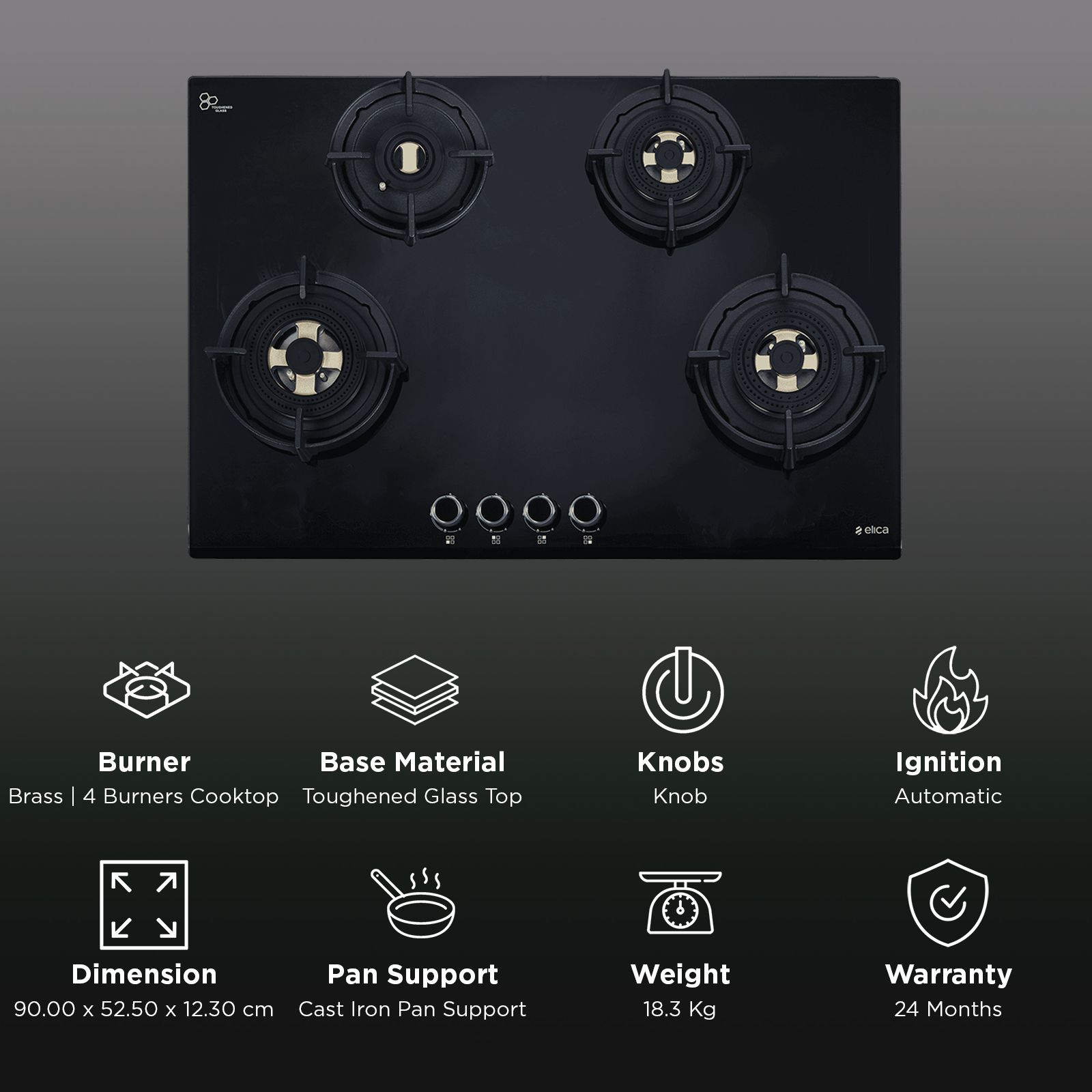 elica DFS FB MFC 4B 90 R Toughened Glass Top 4 Burner Automatic Hob (Direct Multi Flame Burners, Black Glass) elica DFS FB MFC 4B 90 R Toughened Glass Top 4 Burner Automatic Hob (Direct Multi Flame Burners, Black Glass)_3