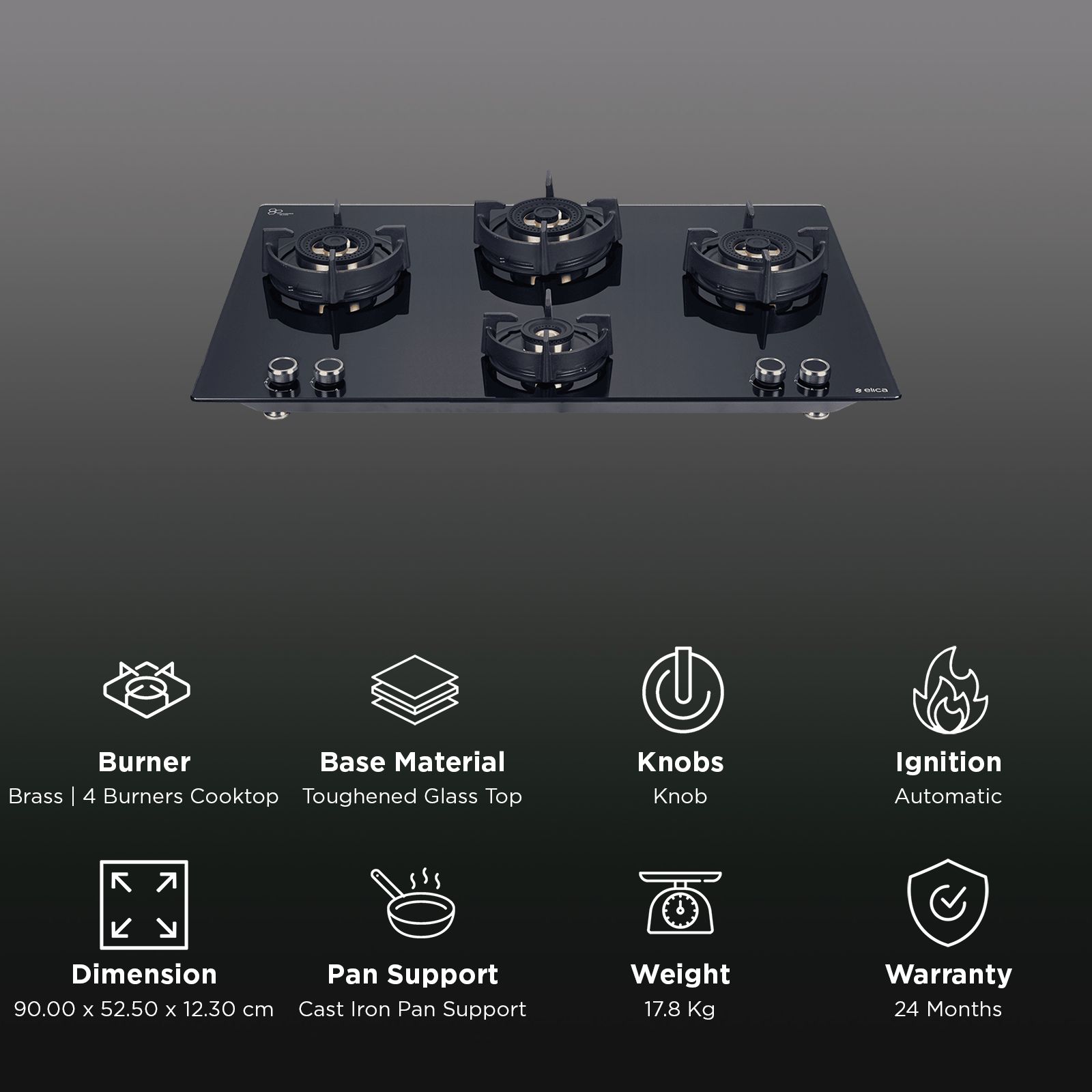 elica DFS FB 4B 91 TX Toughened Glass Top 4 Burner Automatic Hob (Direct Multi Flame Burners, Black Glass) elica DFS FB 4B 91 TX Toughened Glass Top 4 Burner Automatic Hob (Direct Multi Flame Burners, Black Glass)_3