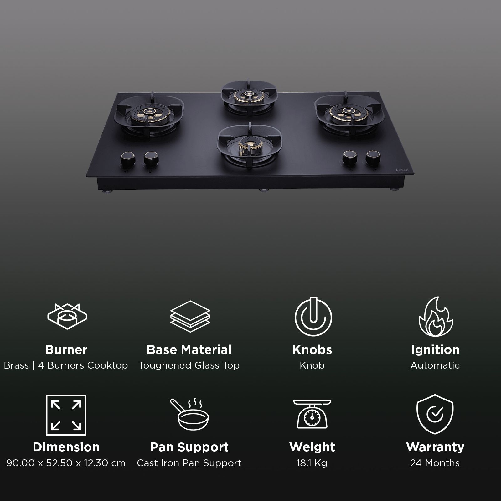 elica MATT CROWN DFS HE FB MFC 4B 91 Toughened Glass Top 4 Burner Automatic Hob (Direct Multi Flame Burners, Matt Glass) elica MATT CROWN DFS HE FB MFC 4B 91 Toughened Glass Top 4 Burner Automatic Hob (Direct Multi Flame Burners, Matt Glass)_3