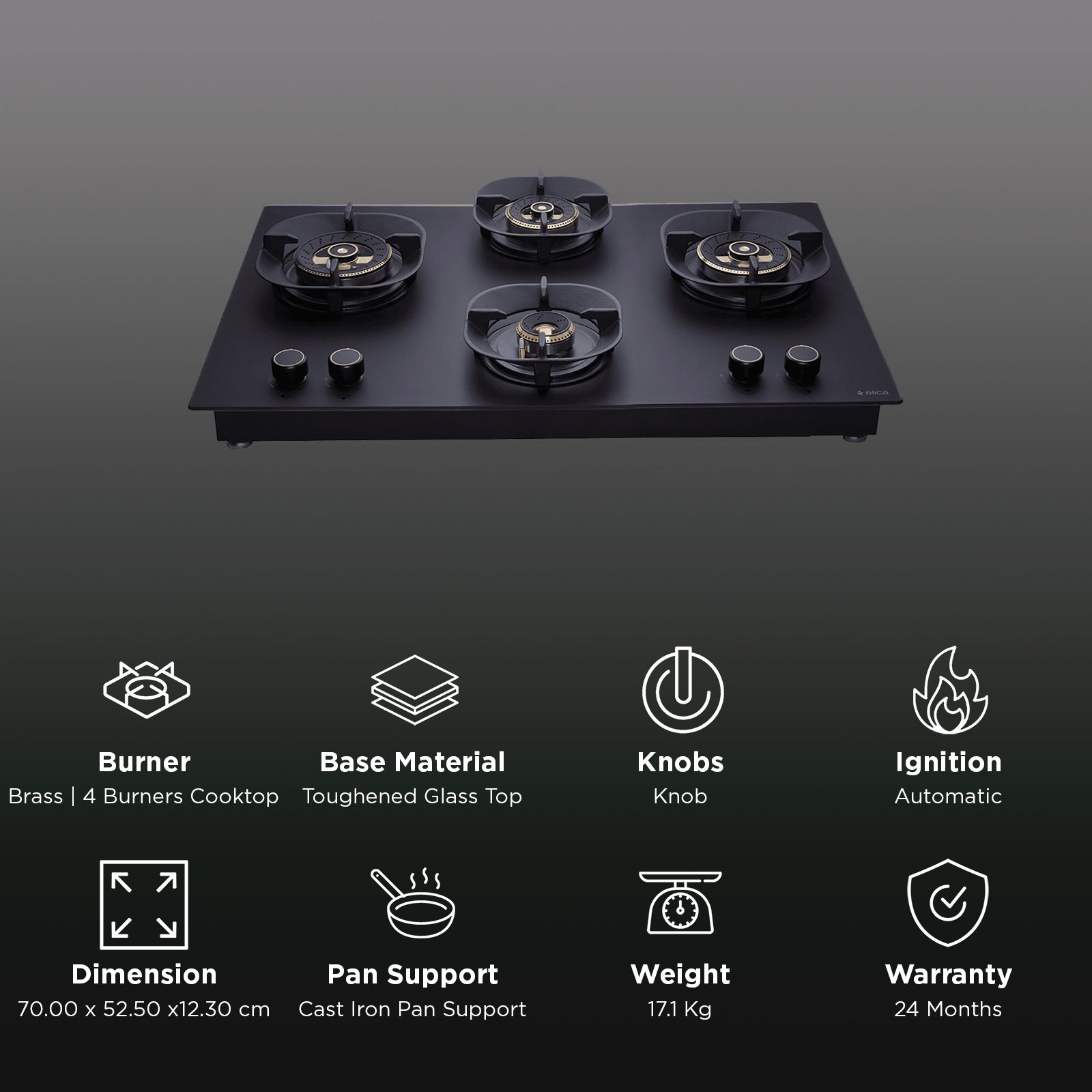 elica MATT FLEXI CROWN DFS HE FB MFC 4 Burner Automatic Hob (Cast Iron Pan Support, Matt Glass)_3