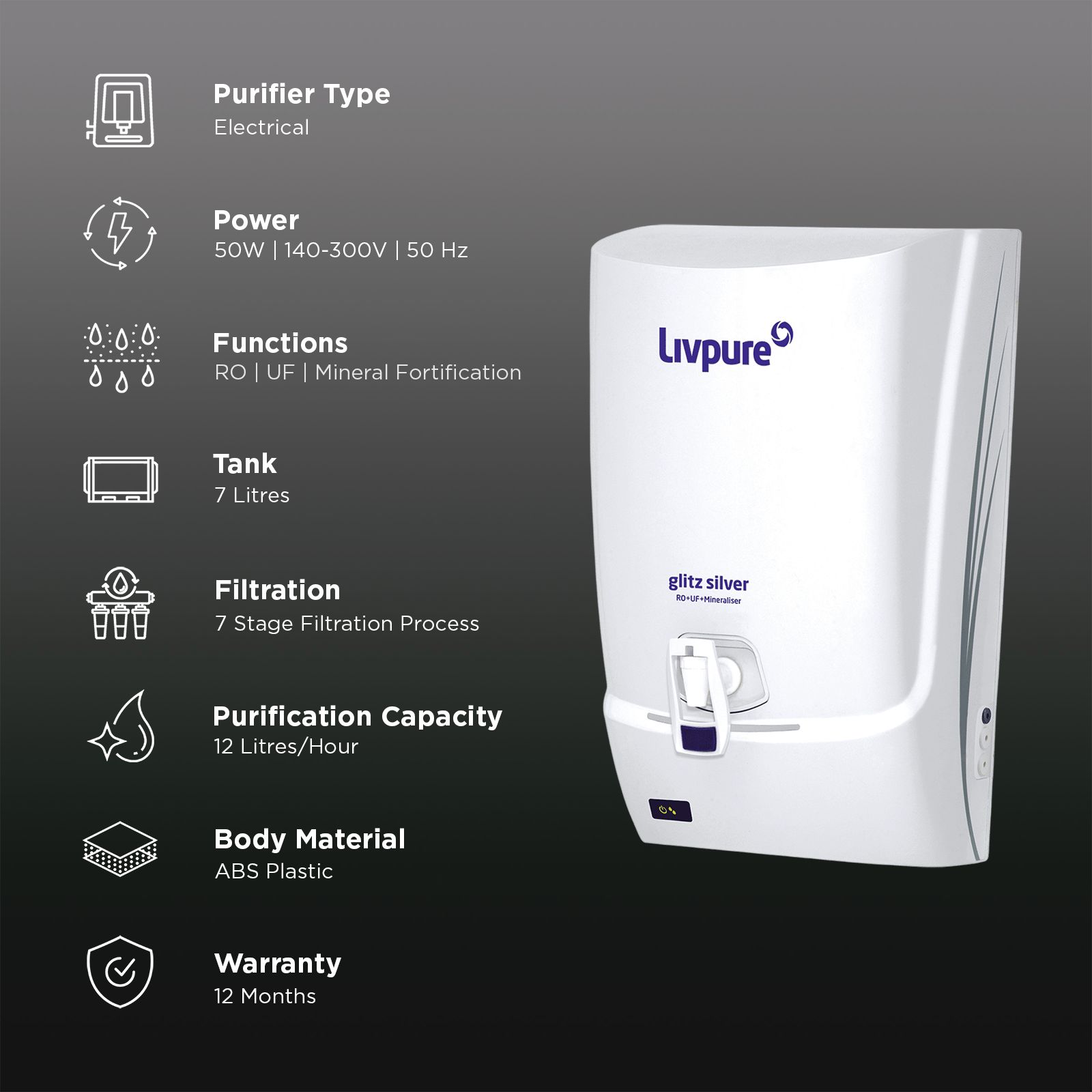 Livpure Glitz Silver 7L RO + UF + Mineraliser Water Purifier with LED Display (White) Livpure Glitz Silver 7L RO + UF + Mineraliser Water Purifier with LED Display (White)_3