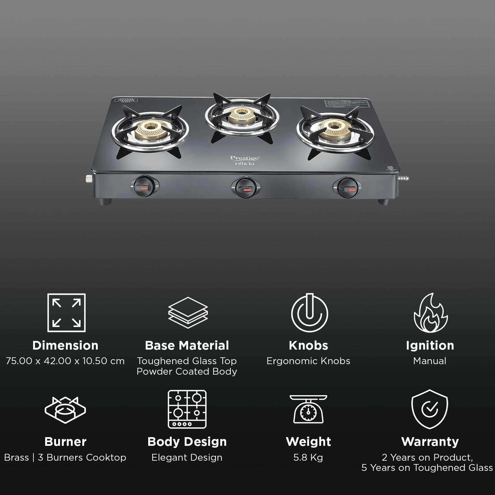 Prestige Efficia Toughened Glass Top 3 Burner Manual Gas Stove (ISI Certified, Black) Prestige Efficia Toughened Glass Top 3 Burner Manual Gas Stove (ISI Certified, Black)_3