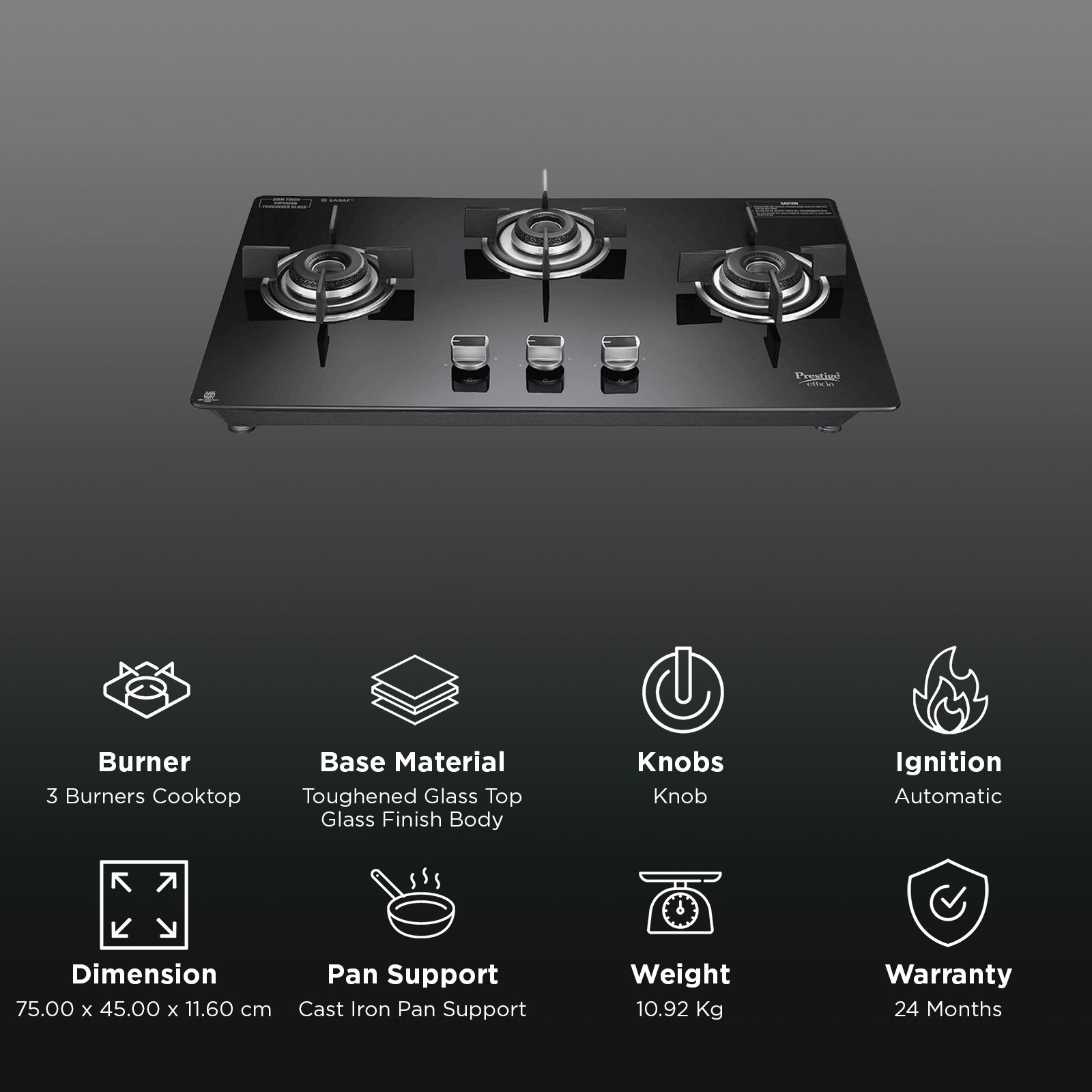 Prestige Efficia 03 AI Toughened Glass Top 3 Burner Automatic Hob (Dual Function & Convertible Design, Black)_3