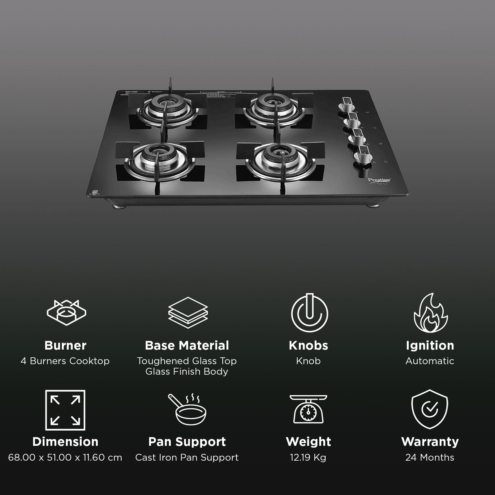 Prestige Efficia 04 AI Toughened Glass Top 4 Burner Automatic Hob (Dual Function & Convertible Design, Black) Prestige Efficia 04 AI Toughened Glass Top 4 Burner Automatic Hob (Dual Function & Convertible Design, Black)_3
