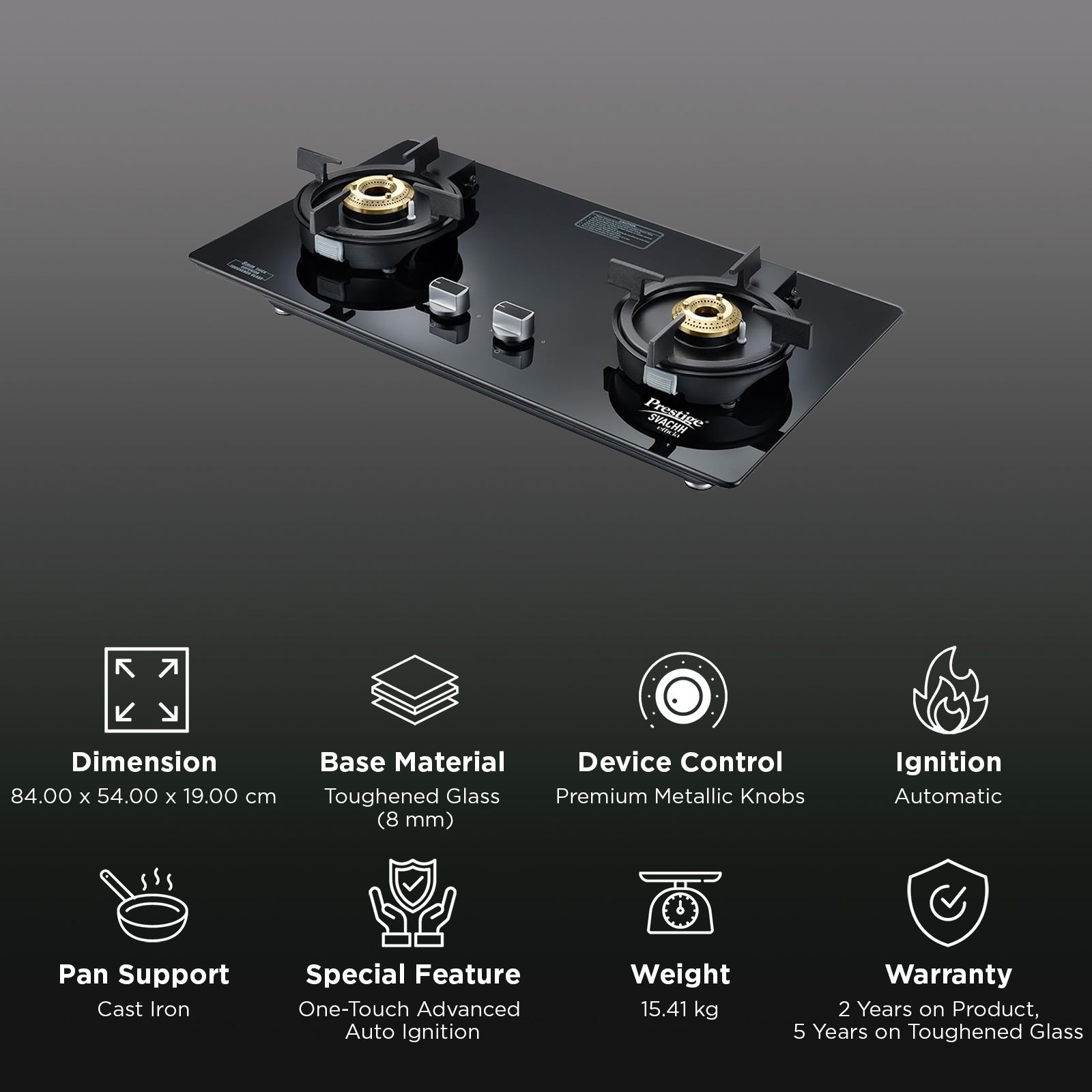 Prestige Svachh Efficia-02 AI Toughened Glass Top 2 Burner Automatic Hob (One-Touch Advanced Auto Ignition, Black) Prestige Svachh Efficia-02 AI Toughened Glass Top 2 Burner Automatic Hob (One-Touch Advanced Auto Ignition, Black)_3