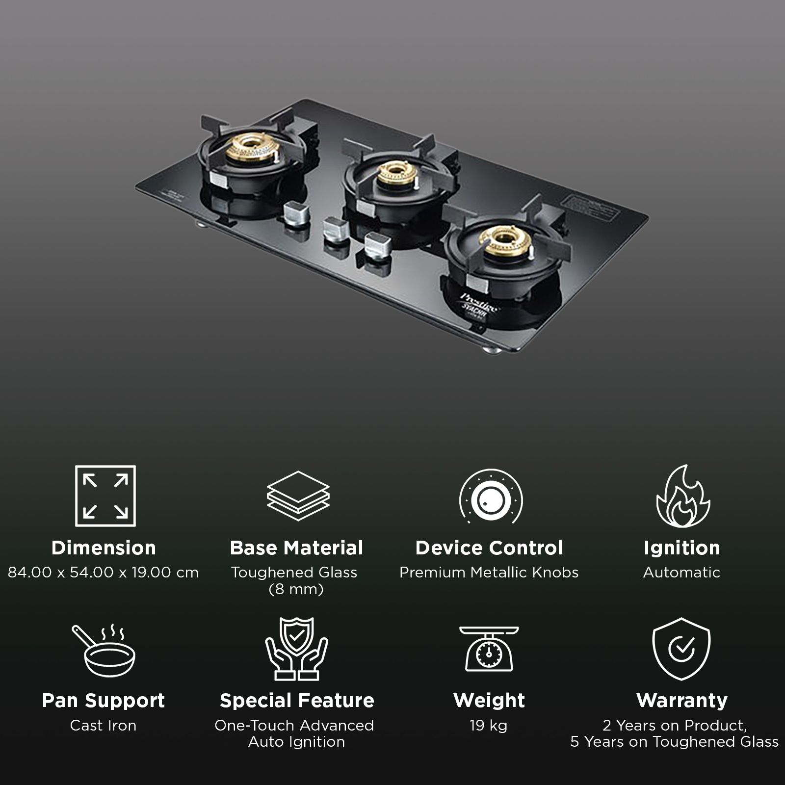 Prestige Svachh Efficia-03 AI Toughened Glass Top 3 Burner Automatic Hob (One-Touch Advanced Auto Ignition, Black) Prestige Svachh Efficia-03 AI Toughened Glass Top 3 Burner Automatic Hob (One-Touch Advanced Auto Ignition, Black)_3