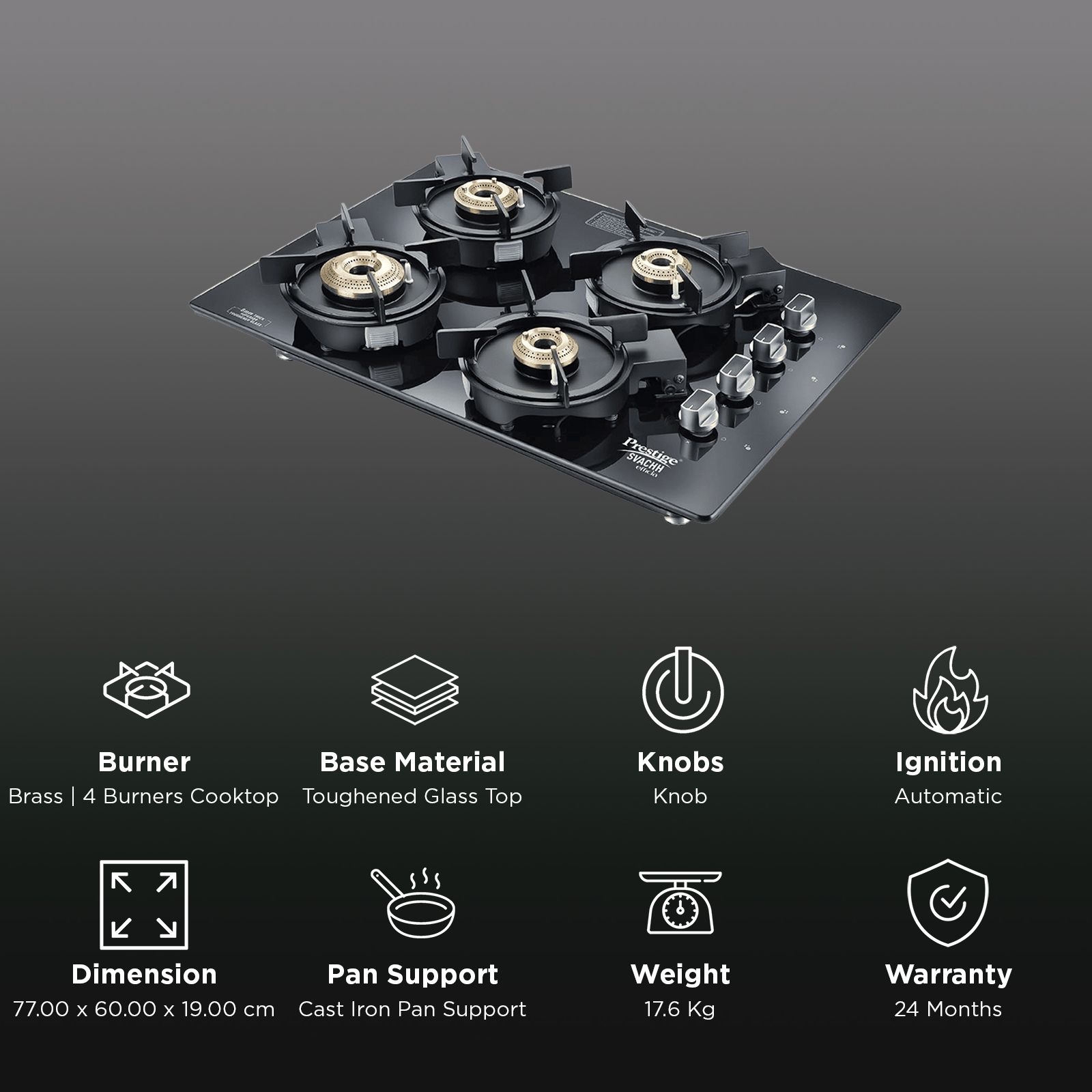 Prestige Svachh Efficia 04 AI Toughened Glass 4 Burner Automatic Hob (Multi Spark Ignition System, Black)_3
