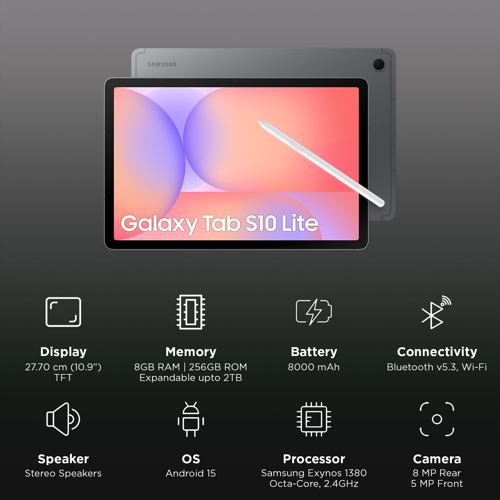SAMSUNG Galaxy Tab S10 Lite Wi-Fi Android Tablet with S Pen (10.9 Inch, 8GB RAM, 256GB ROM, Gray)_3