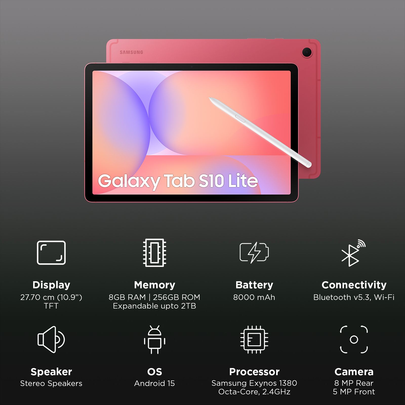 SAMSUNG Galaxy Tab S10 Lite Wi-Fi Android Tablet with S Pen (10.9 Inch, 8GB RAM, 256GB ROM, Coralred)_3