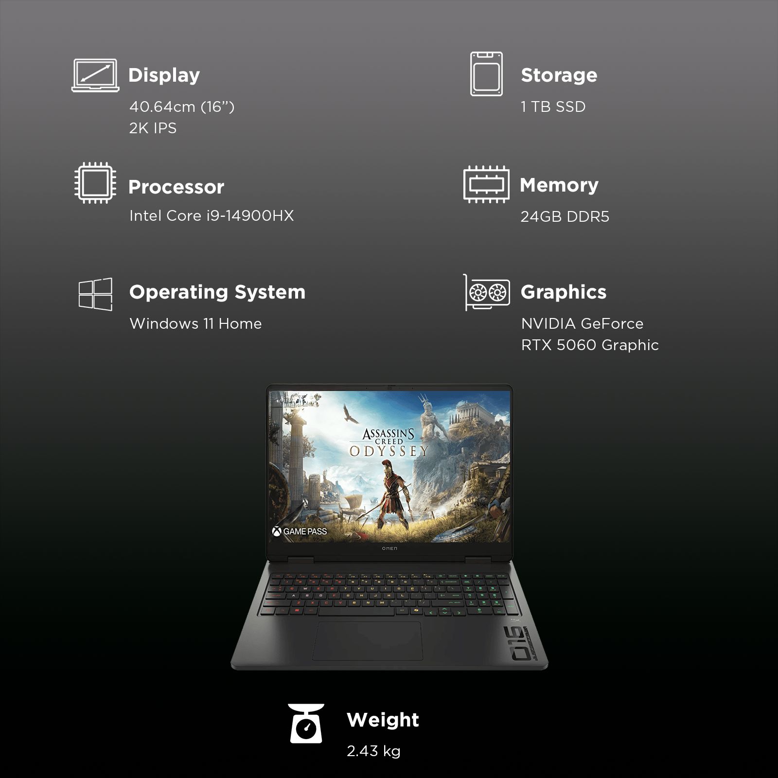 HP OMEN 16-am0279TX Intel Core i9 14th Gen Gaming Laptop (24GB, 1TB SSD, Windows 11 Home, 8GB Graphics, 16 inch 165 Hz 2K IPS Display, NVIDIA GeForce RTX 5060, MS Office Home 2024, Shadow Black, 2.43 KG)_3