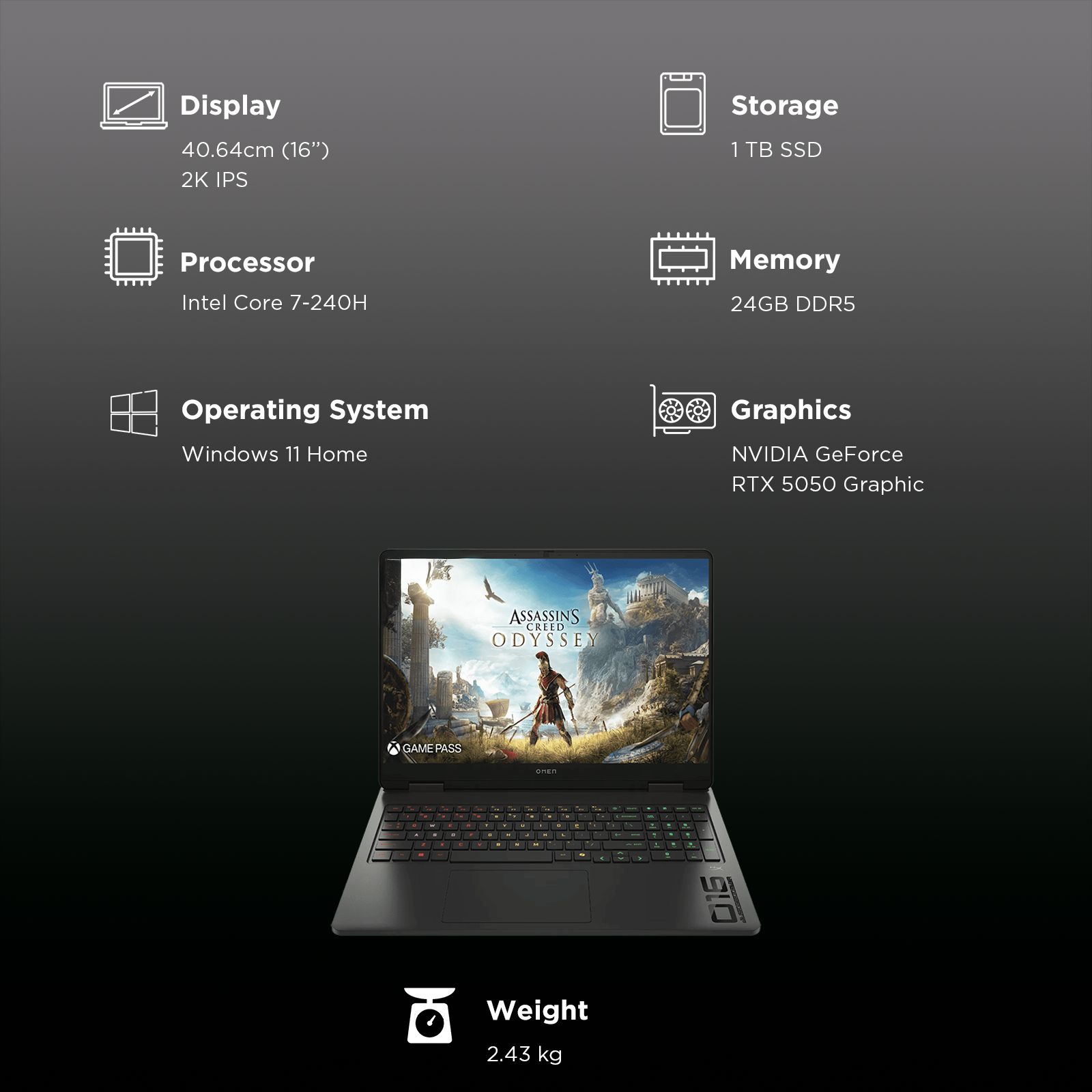 HP OMEN 16-am0277TX Intel Core 7 Gaming Laptop (24GB, 1TB SSD, Windows 11 Home, 8GB Graphics, 16 inch 165 Hz 2K IPS Display, NVIDIA GeForce RTX 5050, MS Office Home 2024, Shadow Black, 2.43 KG)_3