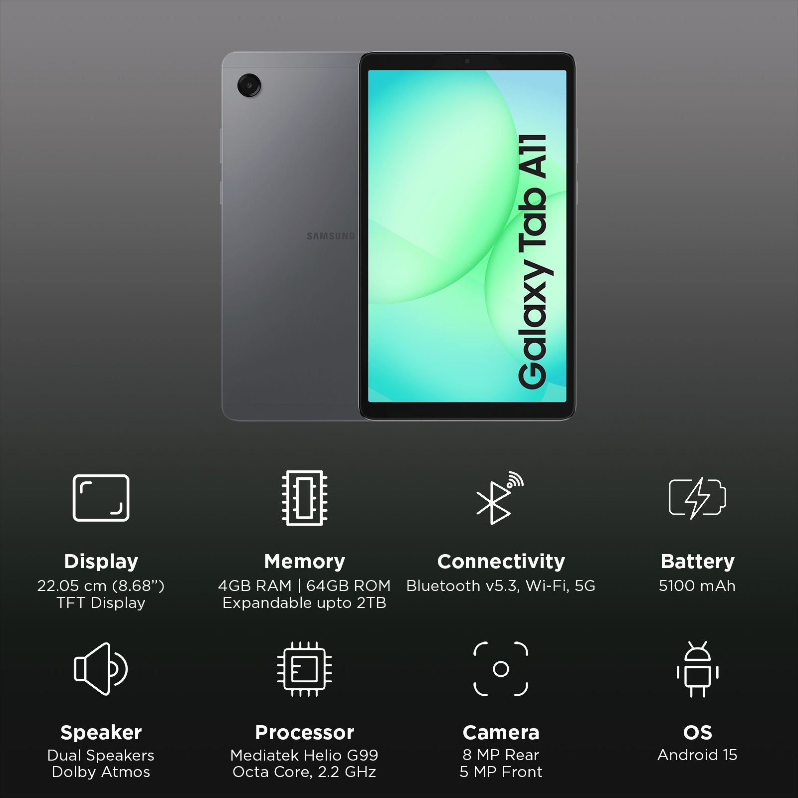SAMSUNG Galaxy Tab A11 Wi-Fi+5G Android Tablet (8.68 Inch, 4GB RAM, 64GB ROM, Gray)_3