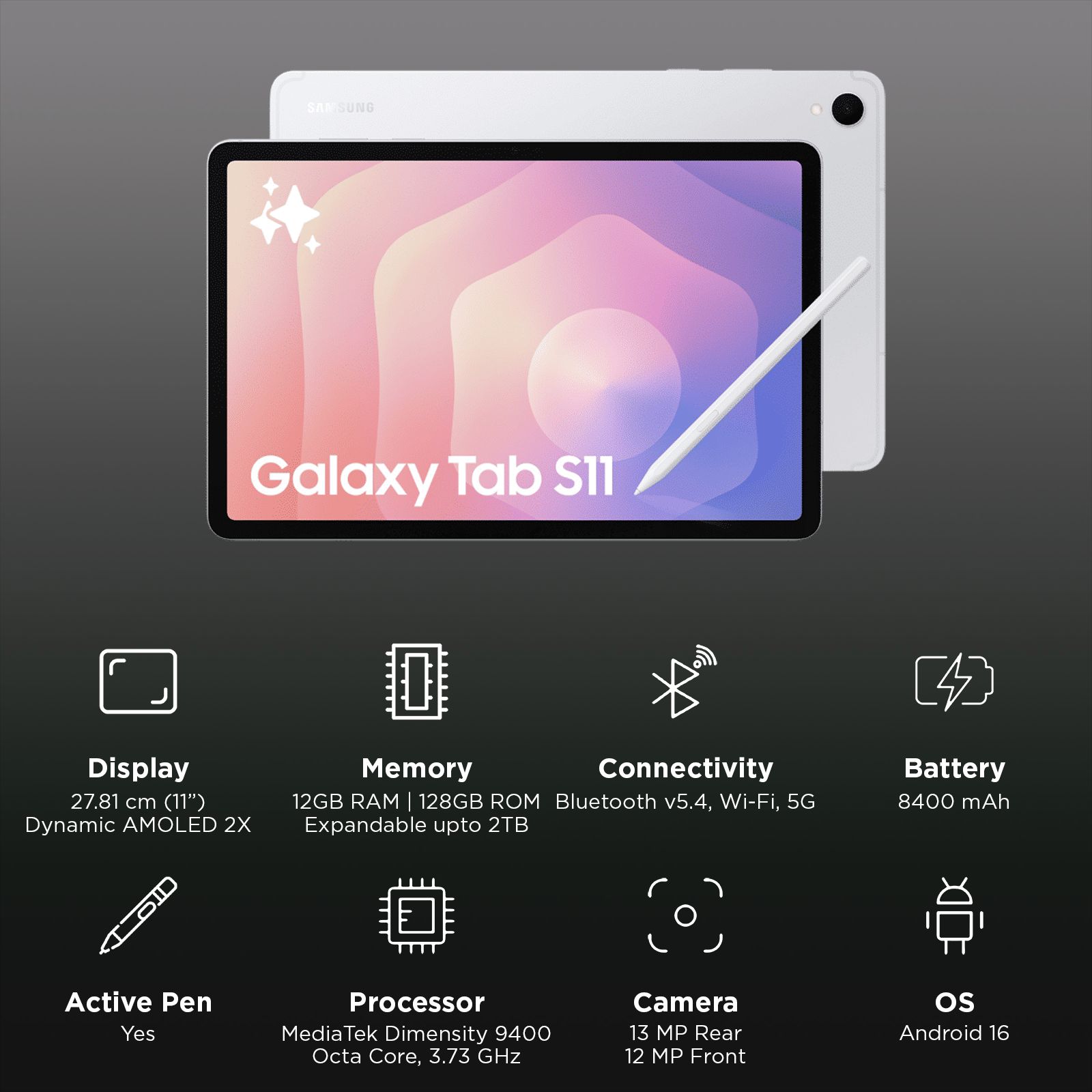 SAMSUNG Galaxy Tab S11 Wi-Fi+5G Android Tablet with S Pen (11 Inch, 12GB RAM, 128GB ROM, Silver)_3