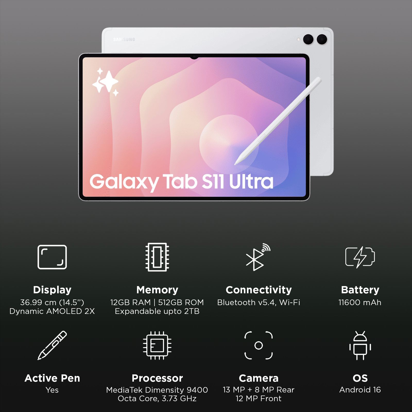 SAMSUNG Galaxy Tab S11 Ultra Wi-Fi Android Tablet with S Pen (14.5 Inch, 12GB RAM, 512GB ROM, Silver)_3
