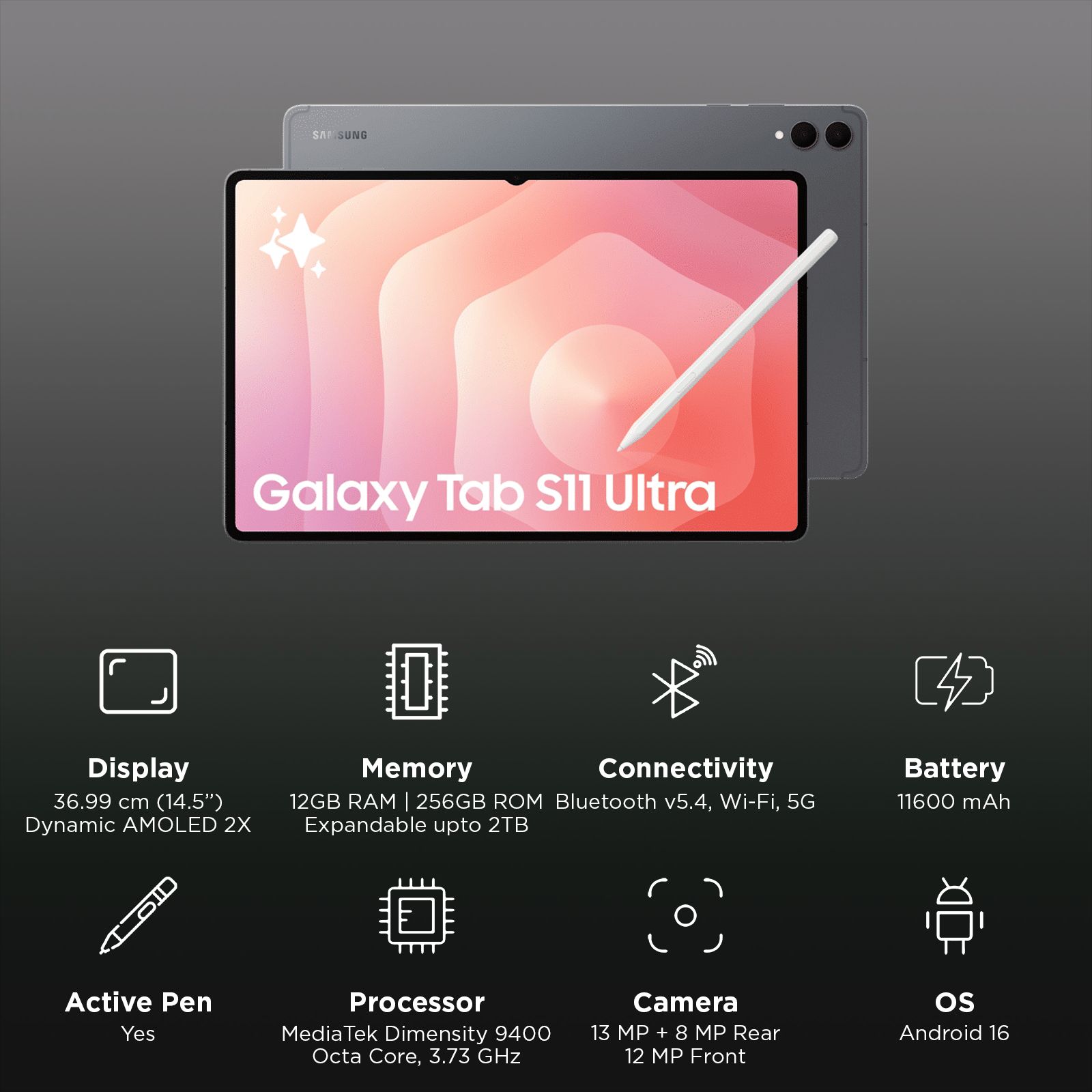 SAMSUNG Galaxy Tab S11 Ultra Wi-Fi+5G Android Tablet with S Pen (14.5 Inch, 12GB RAM, 256GB ROM, Gray) SAMSUNG Galaxy Tab S11 Ultra Wi-Fi+5G Android Tablet with S Pen (14.5 Inch, 12GB RAM, 256GB ROM, Gray)_3