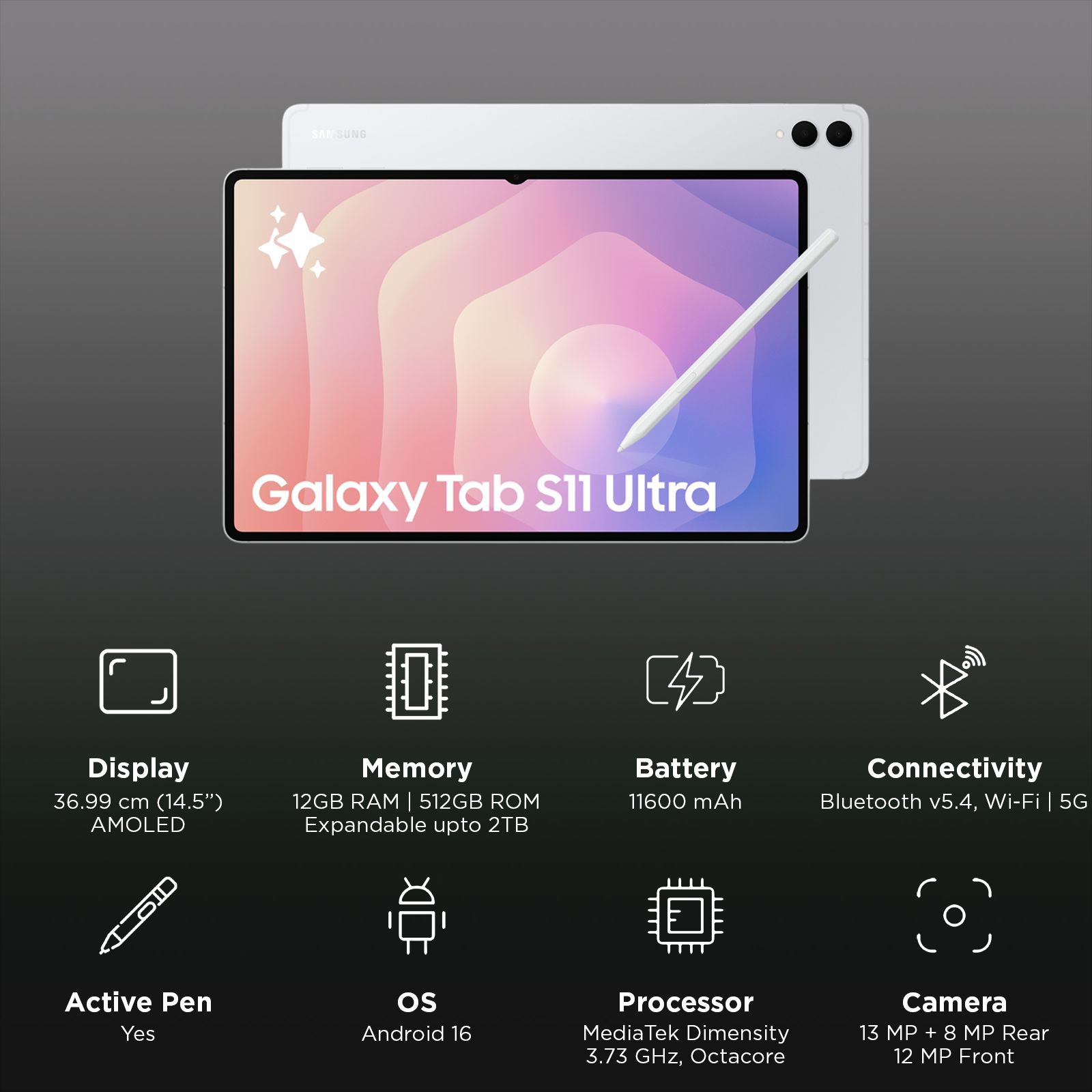 SAMSUNG Galaxy Tab S11 Ultra Wi-Fi+5G Android Tablet with S Pen (14.5 Inch, 12GB RAM, 512GB ROM, Silver)_3